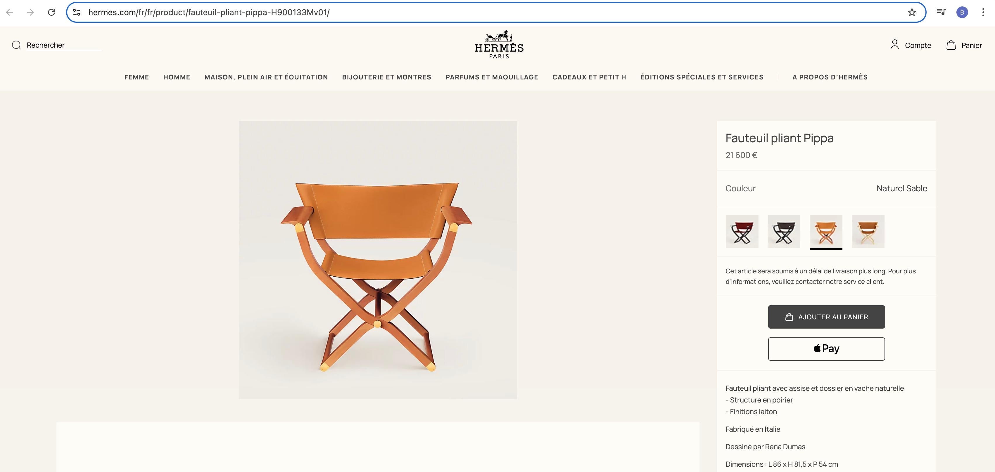 Hermès - Sillón Plegable Y Taburete Plegable Pippa Piel Y Madera en venta 9