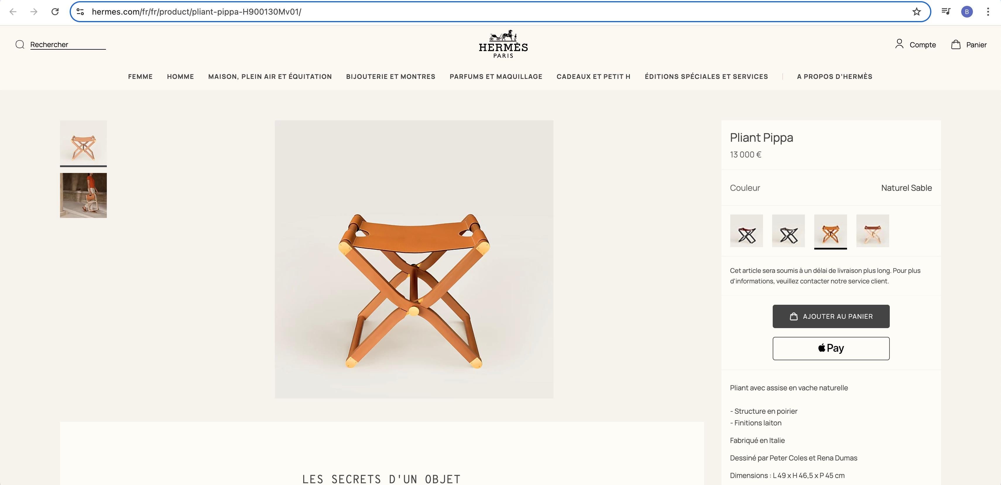 Hermès - Sillón Plegable Y Taburete Plegable Pippa Piel Y Madera en venta 10