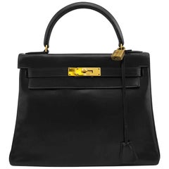 Vintage Hermes for Bonwit Teller Black Box Leather Supple 28cm Kelly Bag, 1972