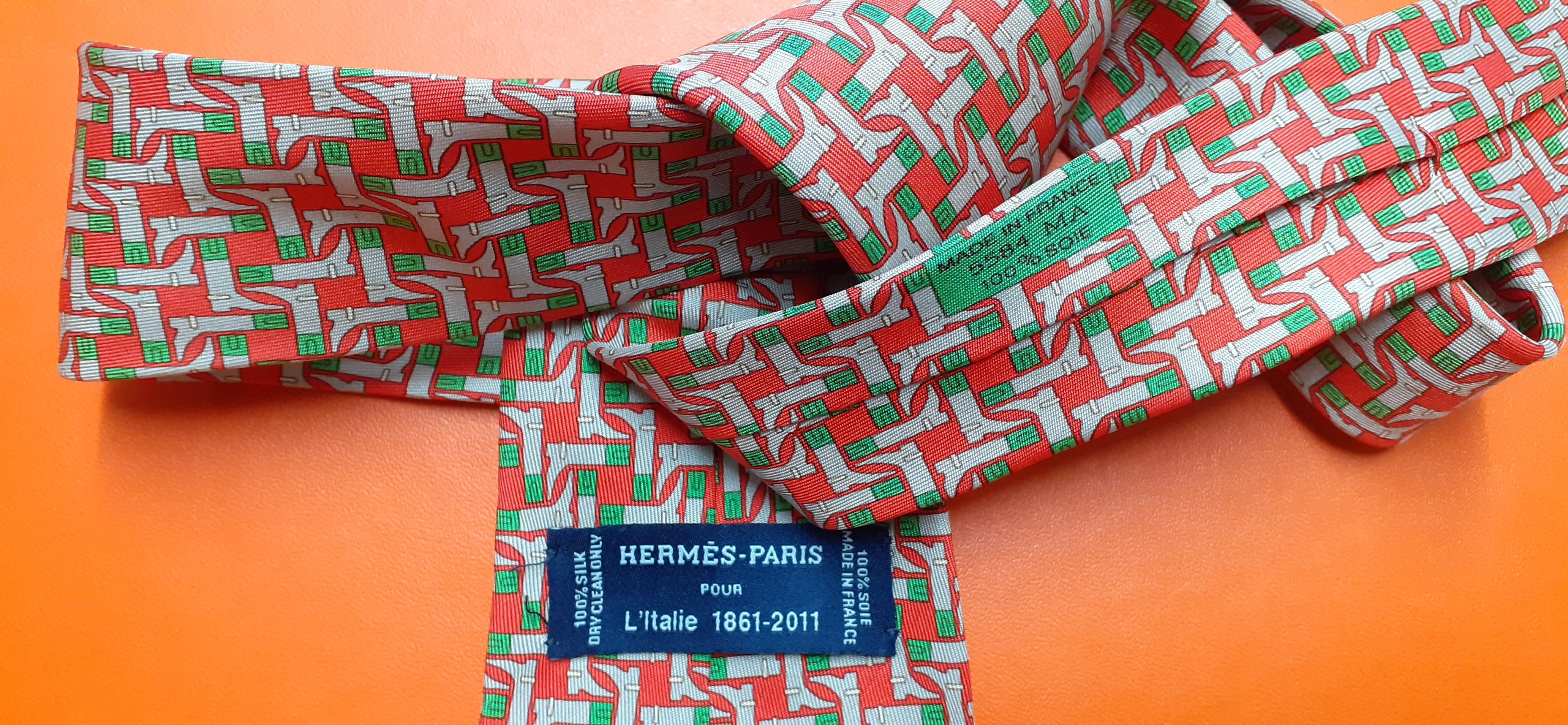 Brown Hermès For Italy 1861-2011 Silk Tie Boots Print in the Flag's colors For Sale