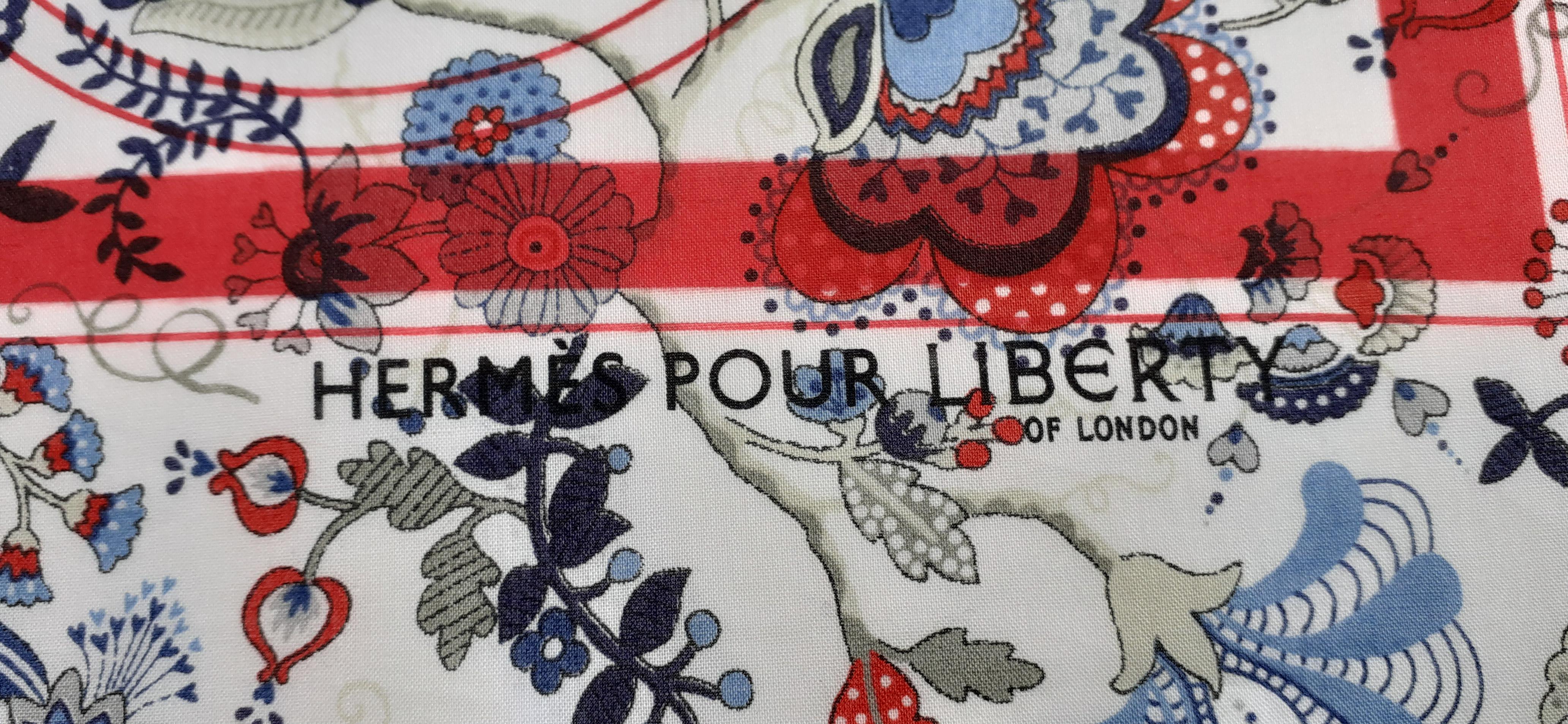 Gray Hermès For Liberty Cotton Scarf Ex Libris and Flowers 26' Limited Edition