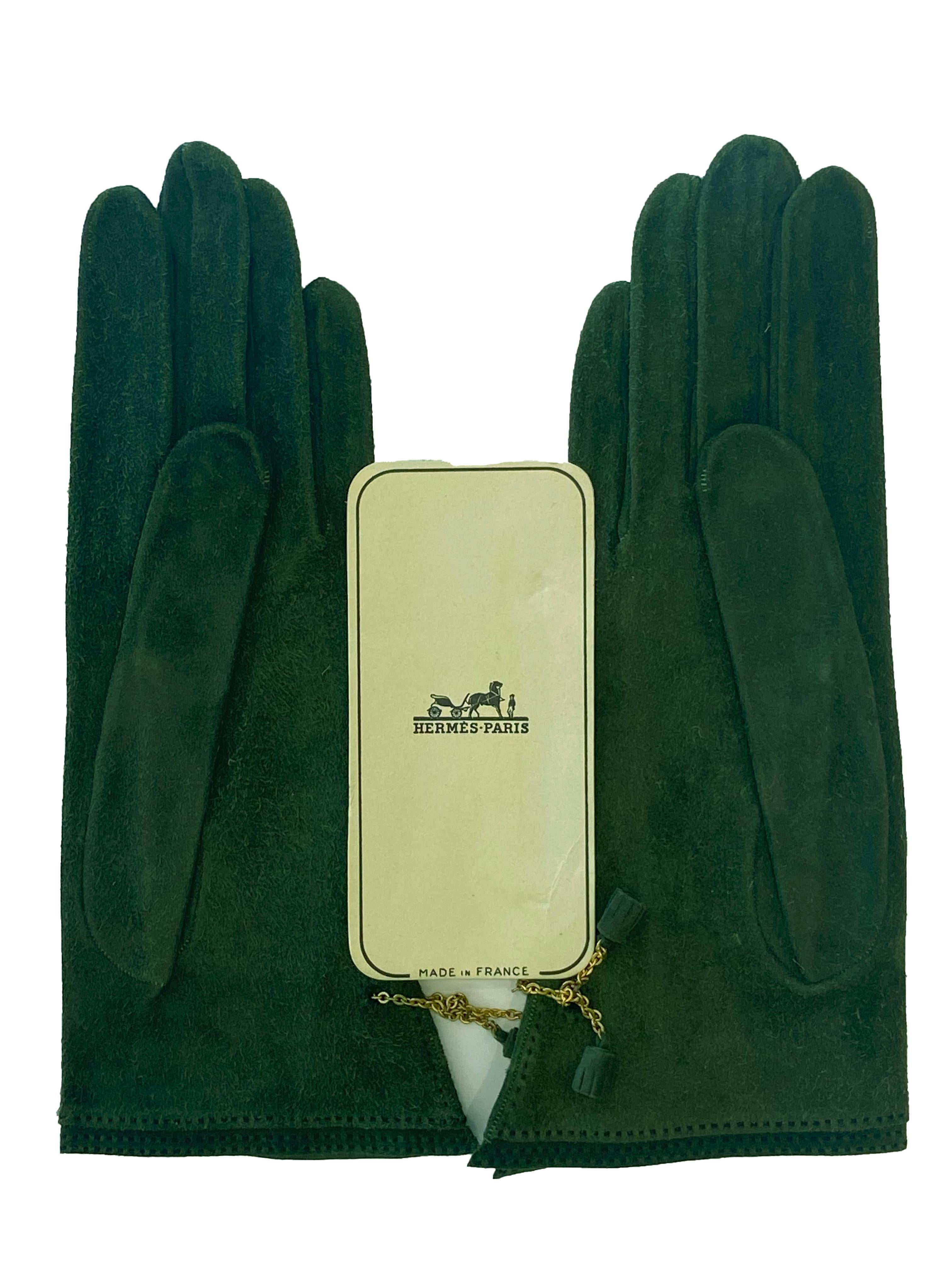 Hermes Forest Green Suede Gloves with Gold Chains & Tassels 7 1/2 Unworn 2