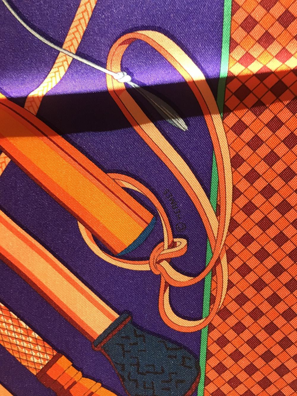 Black Hermes Fouets et Badines Silk Scarf in Orange and Purple