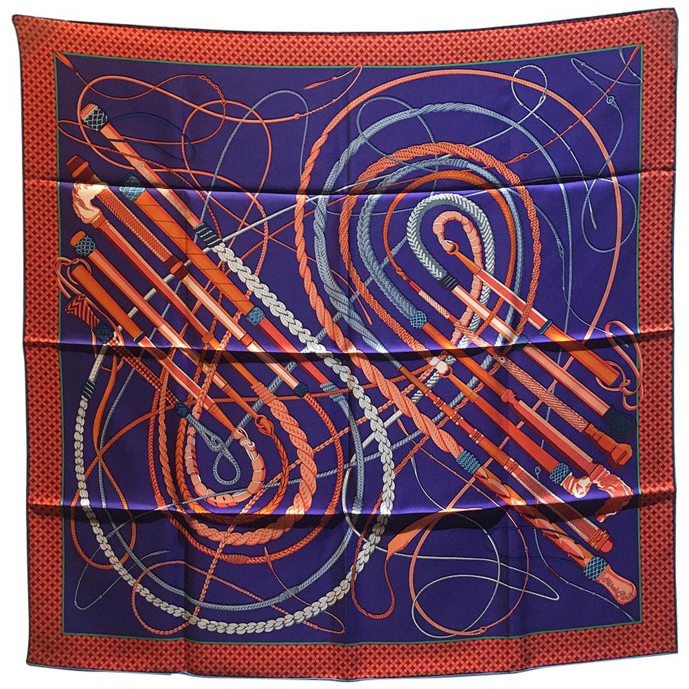 Hermes Fouets et Badines Silk Scarf in Orange and Purple