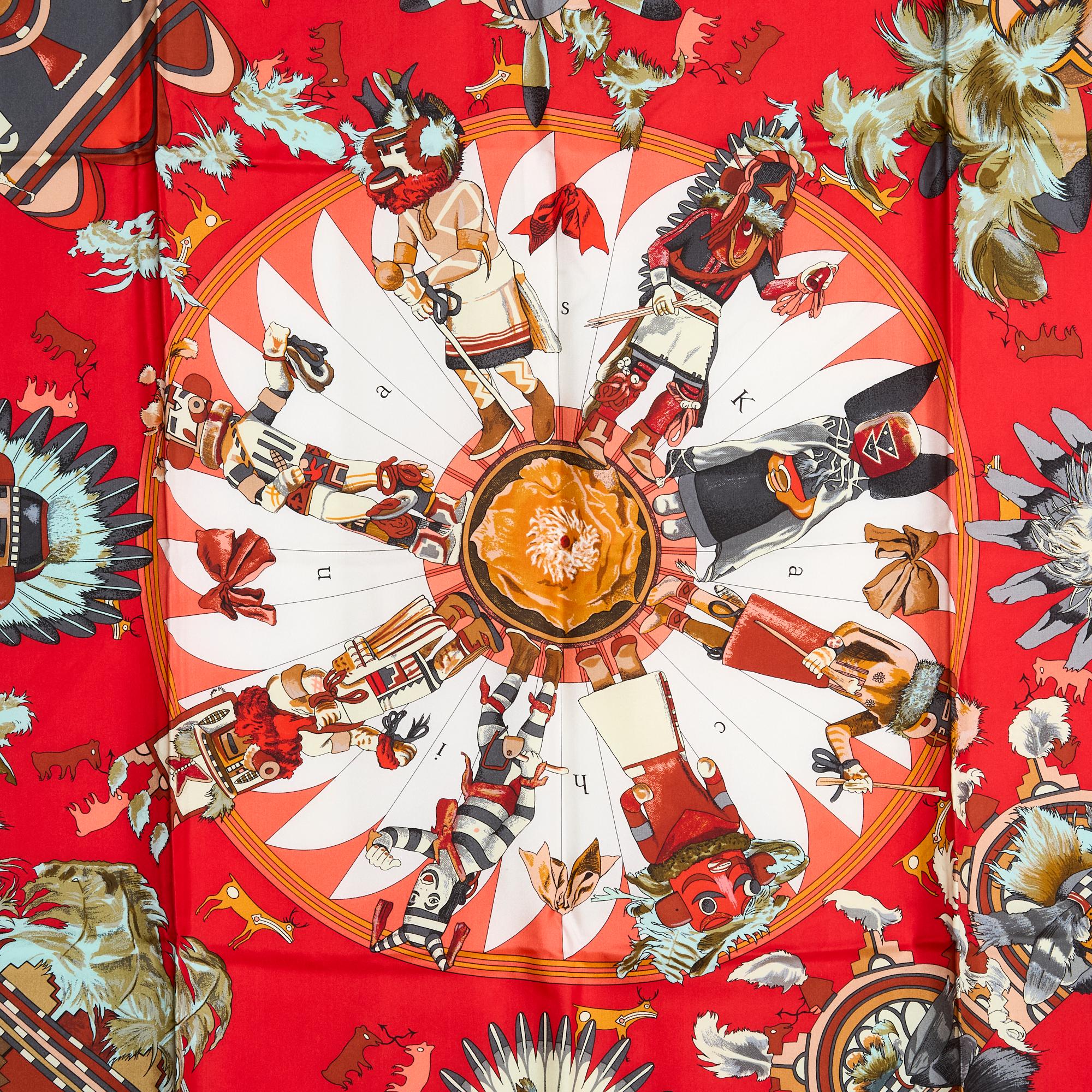 Orange Hermès Foulard Carré 140 Olivier Kermit Kachinas Maxi Silk Scarf Hermes