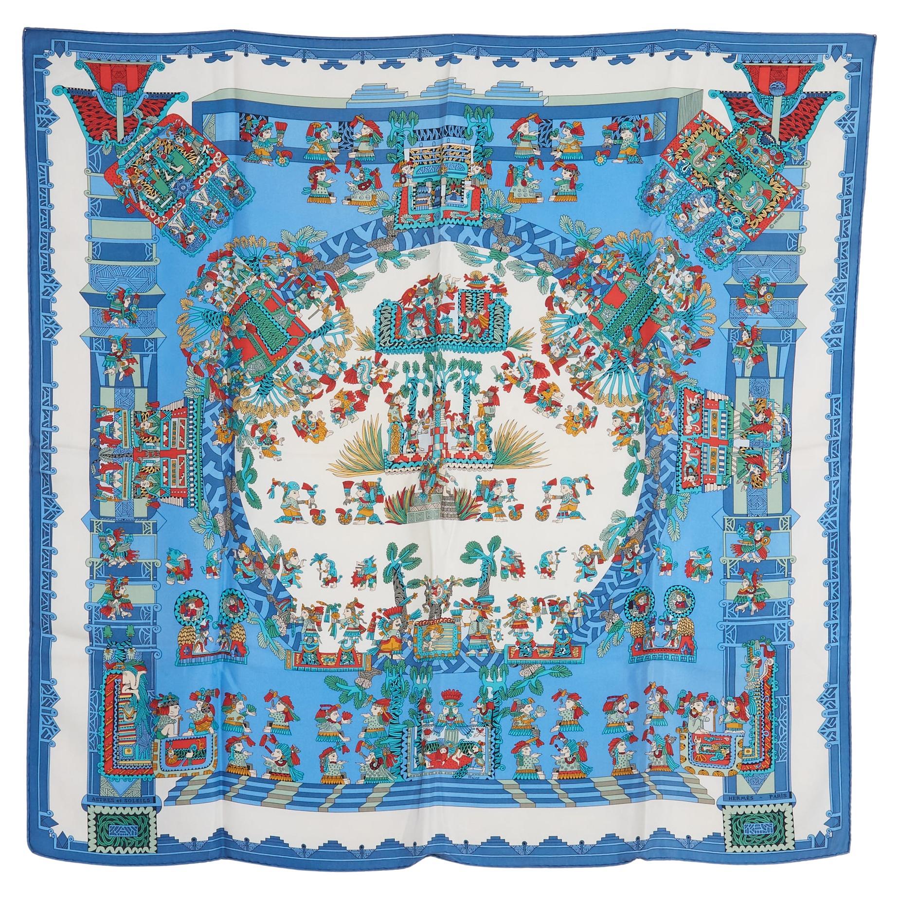 Hermès Foulard Carre 90 Astres et Soleil 1994 Silk Twill Scarf Blue Faivre Herme For Sale