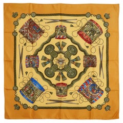 Hermès Foulard Carré 90 Les Tambours 1990 Saffron Silk Twill Scarf Carre Hermes