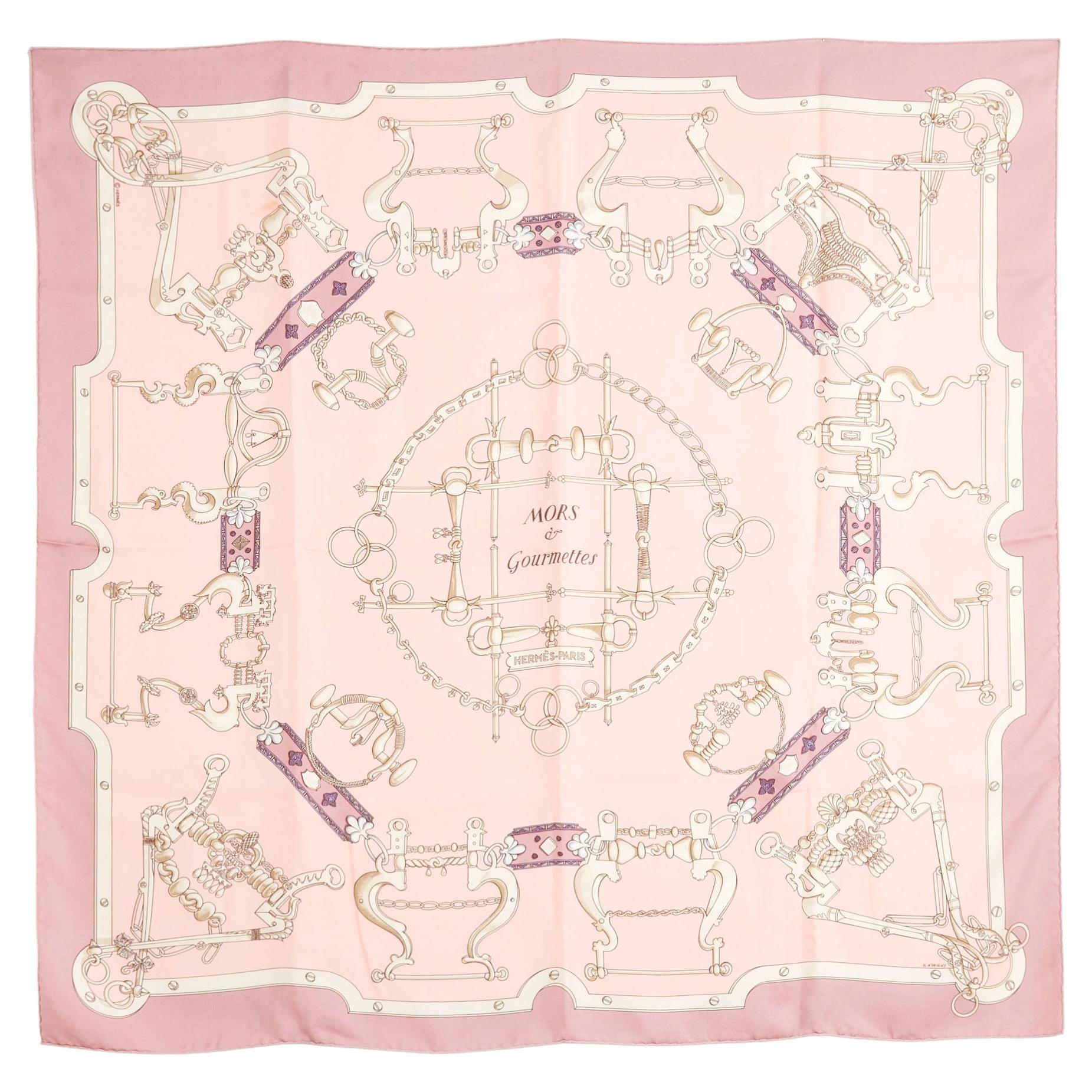 Hermès Foulard Carré 90 Mors et Gourmettes Pink Silk Twill Scarf Carre Hermes For Sale