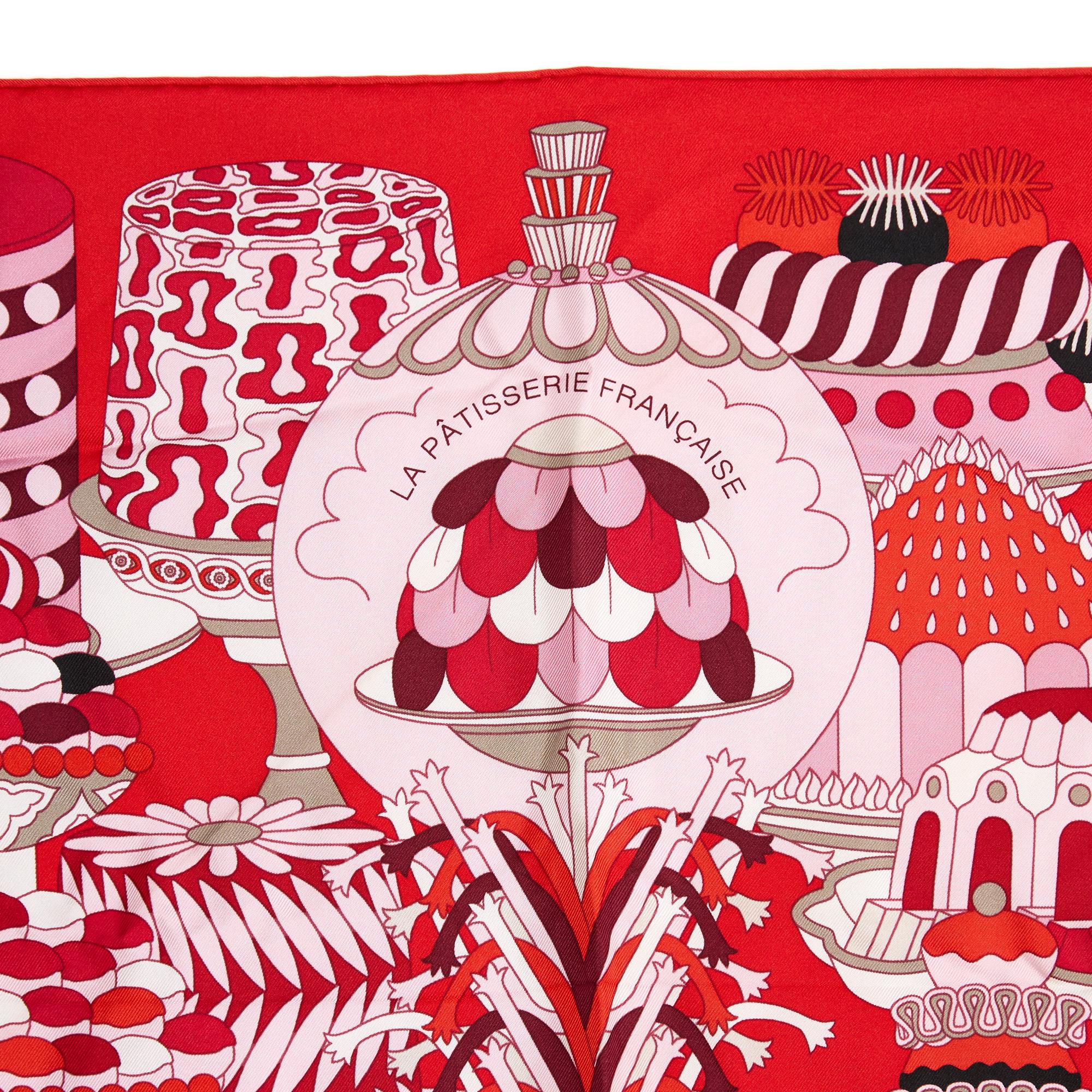 Red Hermès Foulard Carré 90 Patisserie Francaise 2019 Carre Scarf bright red pink