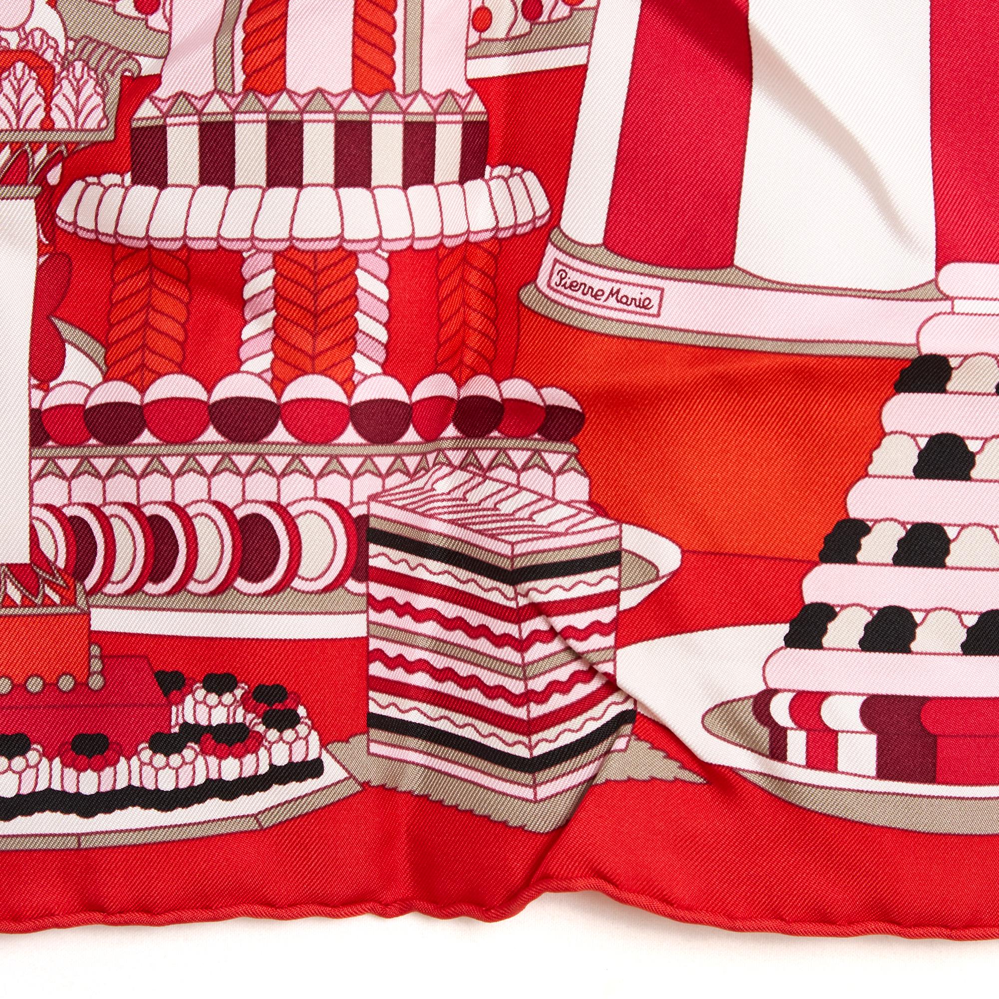 Hermès Foulard Carré 90 Patisserie Francaise 2019 Carre Scarf bright red pink In Excellent Condition In PARIS, FR