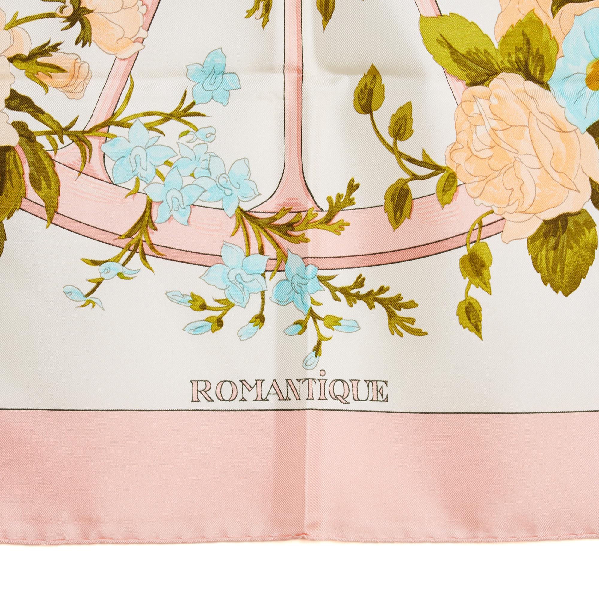 Beige Hermès Foulard Carré 90 Romantique 1990 Pink Silk Twill Scarf Carre Hermes en vente