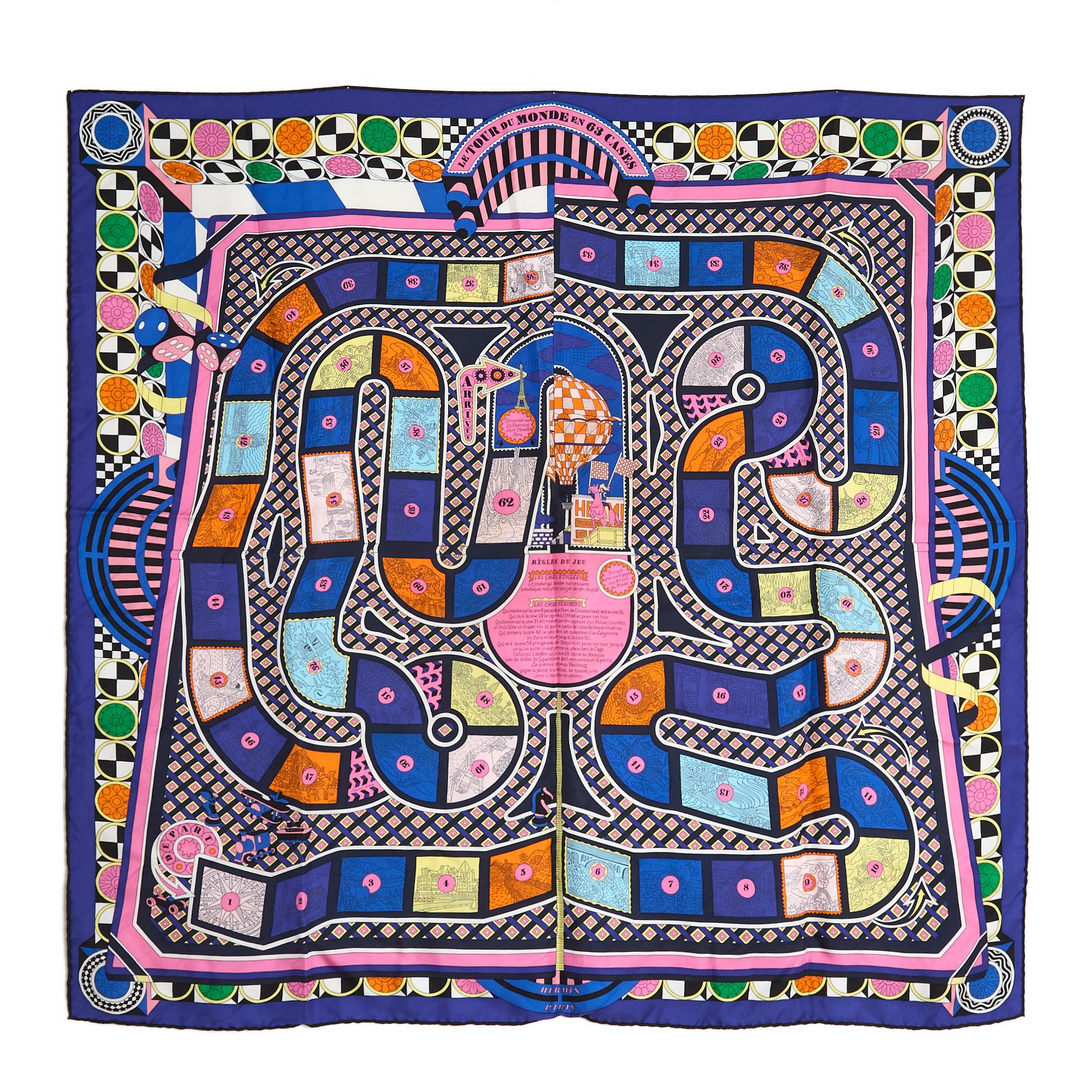 Hermès square scarf 90 in silk twill, Le Tour du Monde en 63 Cases motif by Pierre-Marie, published in 2018, in shades of blue and pink. Width 90 cm x length 90 cm approximately. The square has been worn but it seems in excellent condition,