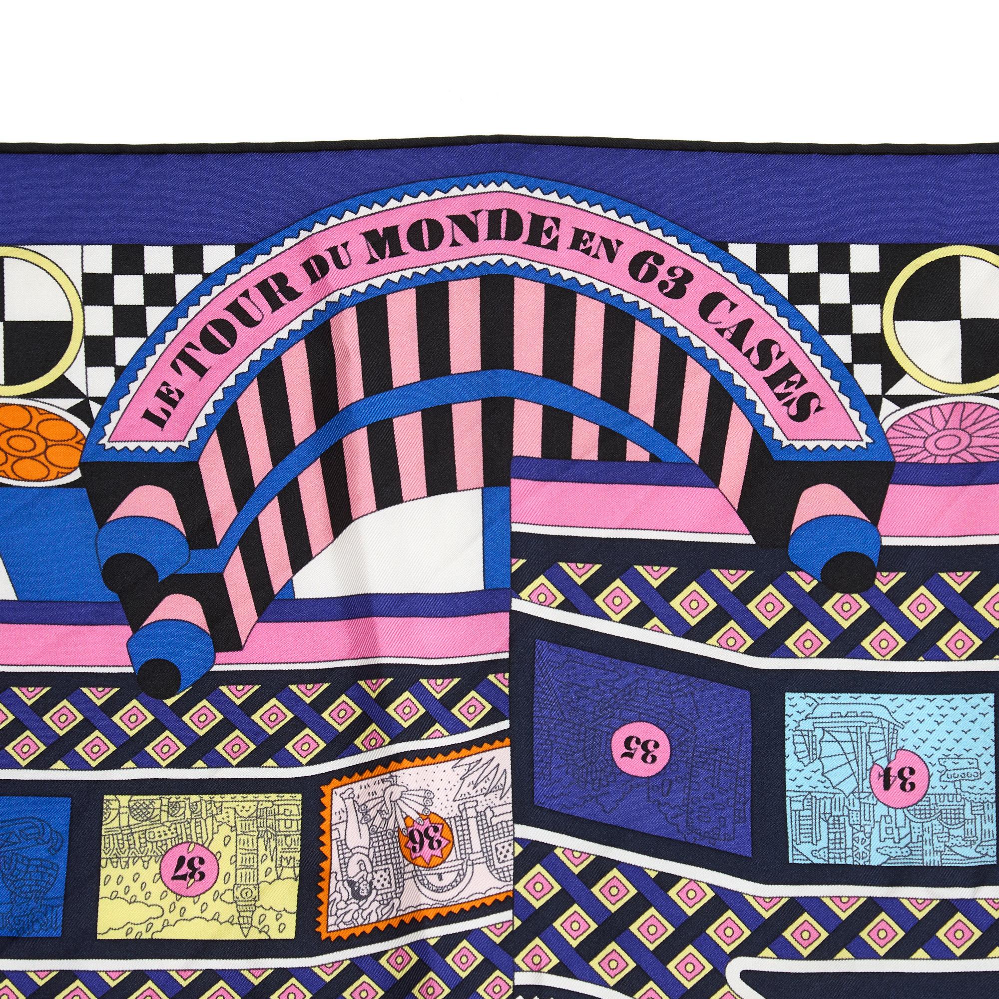 Black Hermès Foulard Carré 90 Tour du Monde en 63 case2018 Carre Scarf blue pink silk For Sale