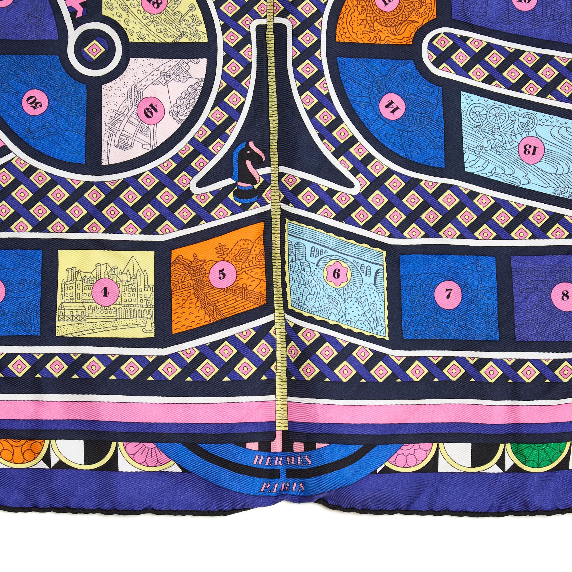 Women's or Men's Hermès Foulard Carré 90 Tour du Monde en 63 case2018 Carre Scarf blue pink silk For Sale