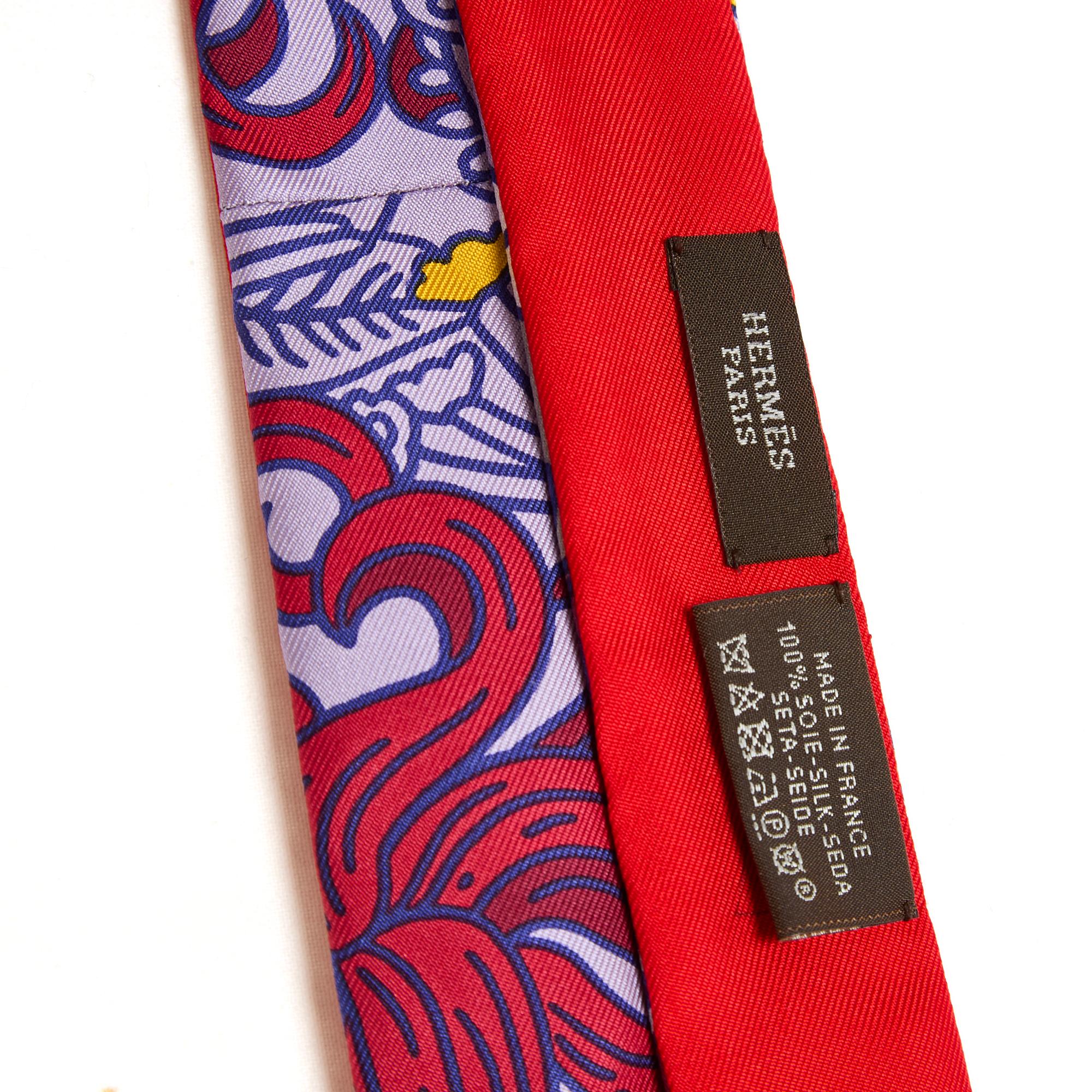 Purple Hermès Foulard Lien Twillon 193 Soie Red Silk XXL Twilly Scarf Tie Hermes For Sale