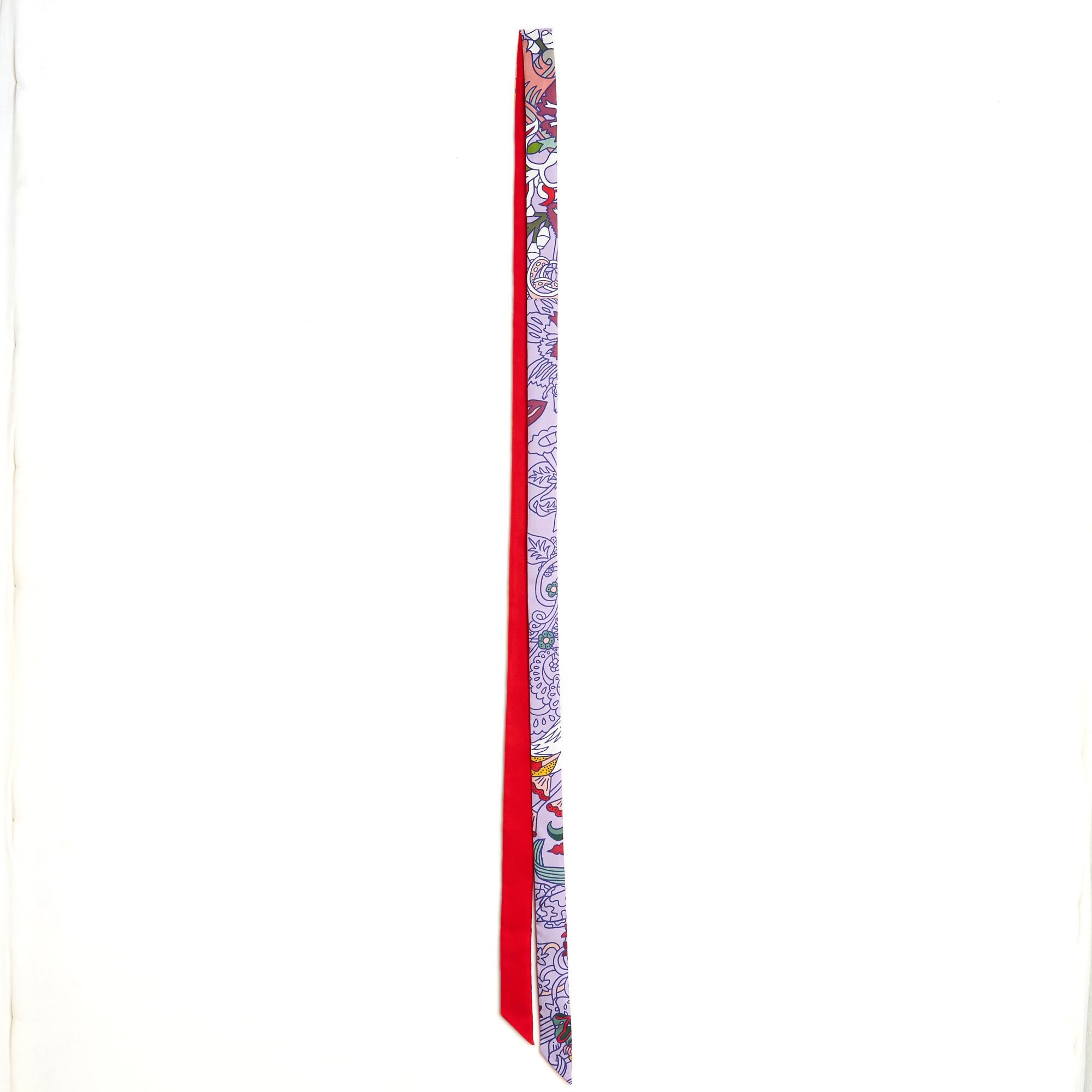 Hermès Foulard Lien Twillon 193 Soie Red Silk XXL Twilly Scarf Tie Hermes In Excellent Condition For Sale In PARIS, FR