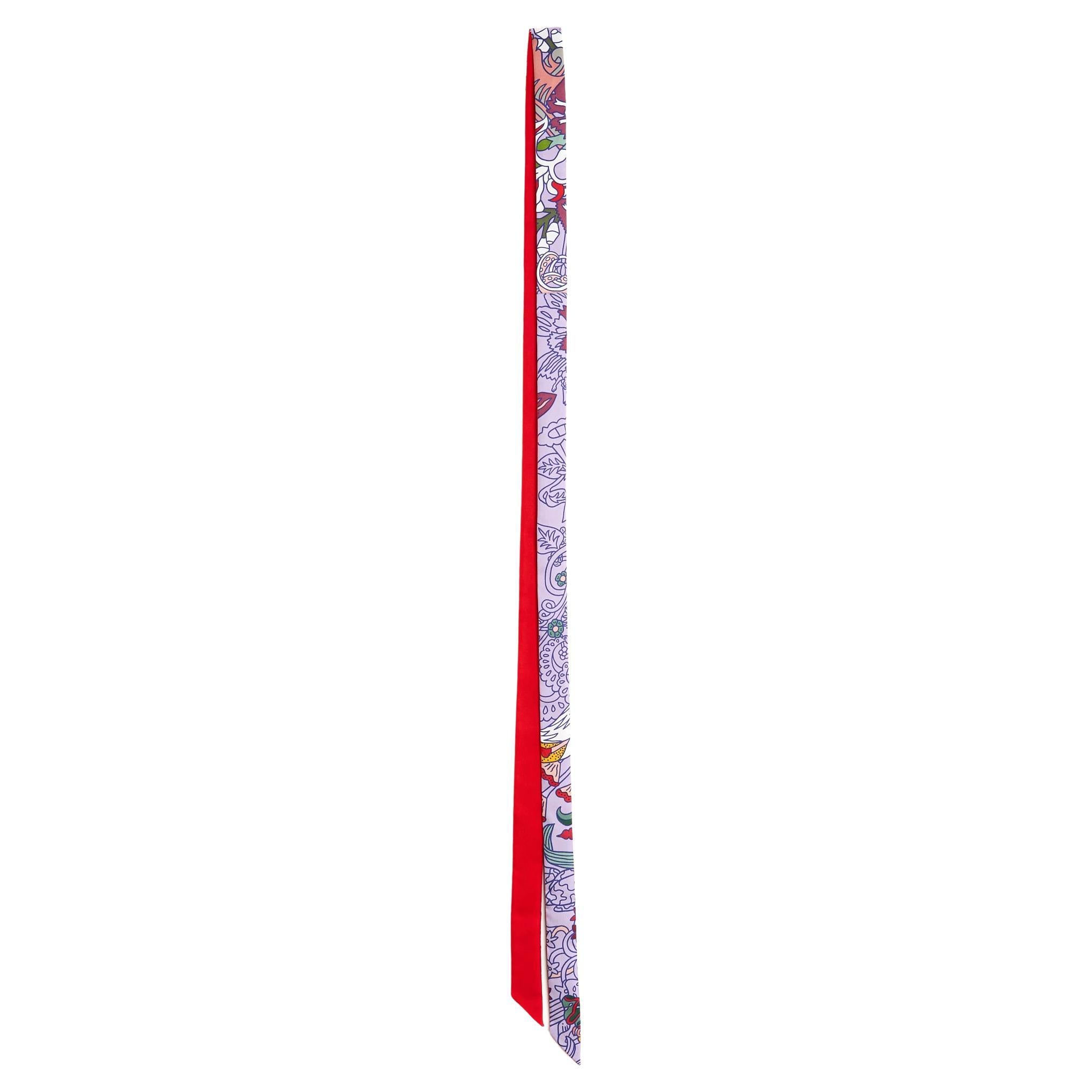 Hermès Foulard Lien Twillon 193 Soie Red Silk XXL Twilly Scarf Tie Hermes For Sale
