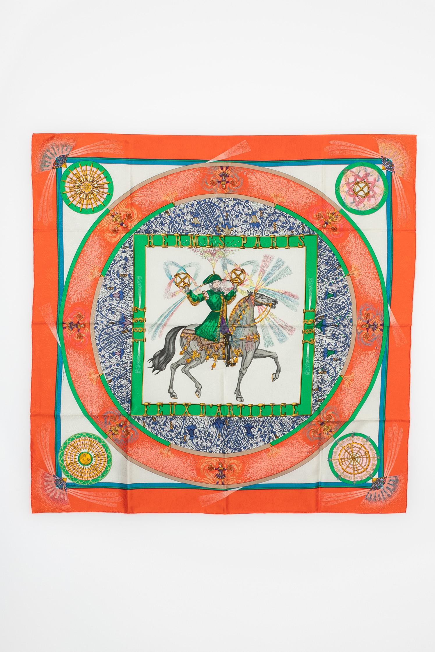 HERMÈS - (Fabriqué en France) Foulard en sergé de soie illustré du thème 