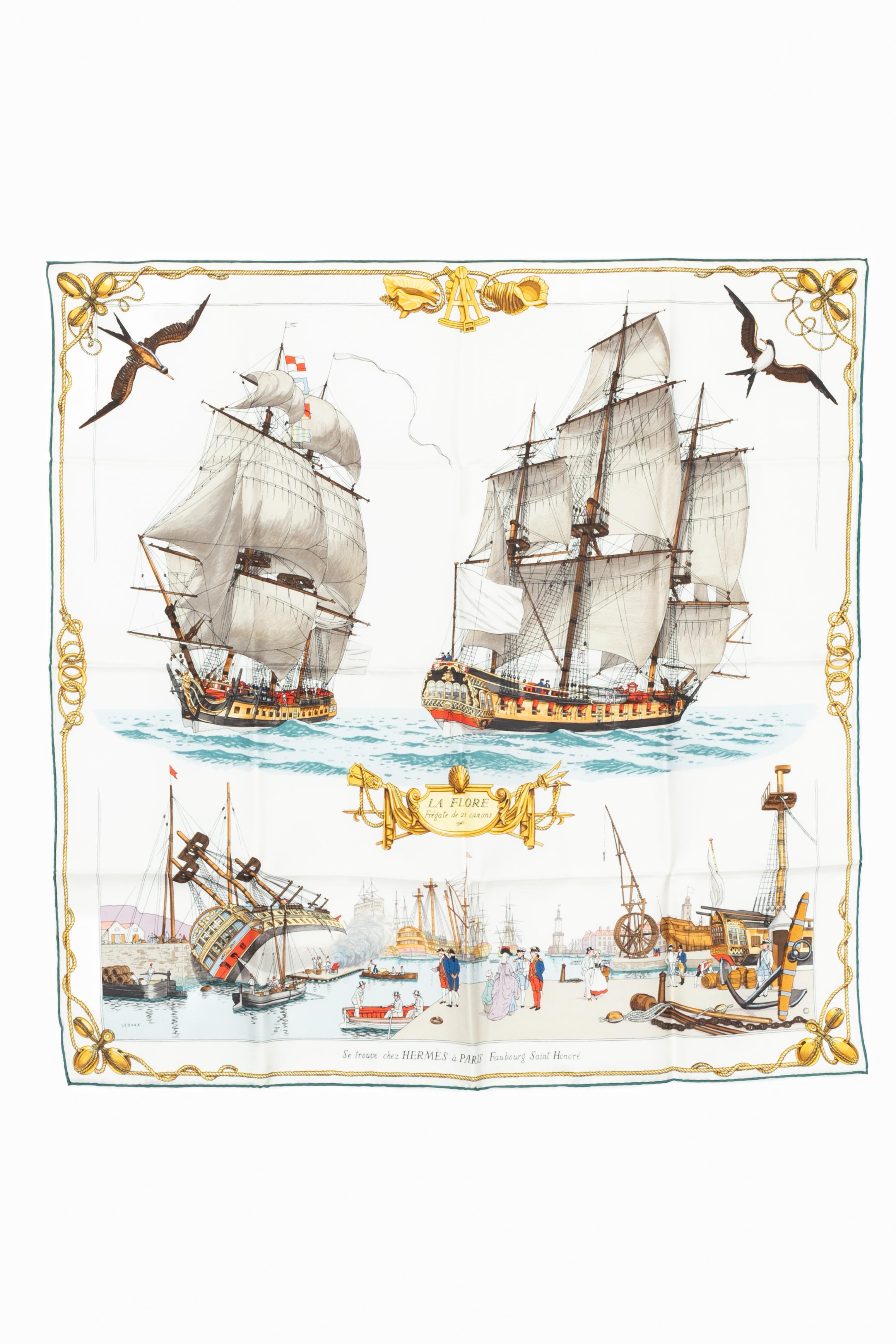 HERMÈS - (Fabricado en Francia) Foulard de sarga de seda pespunteado a mano con el tema 