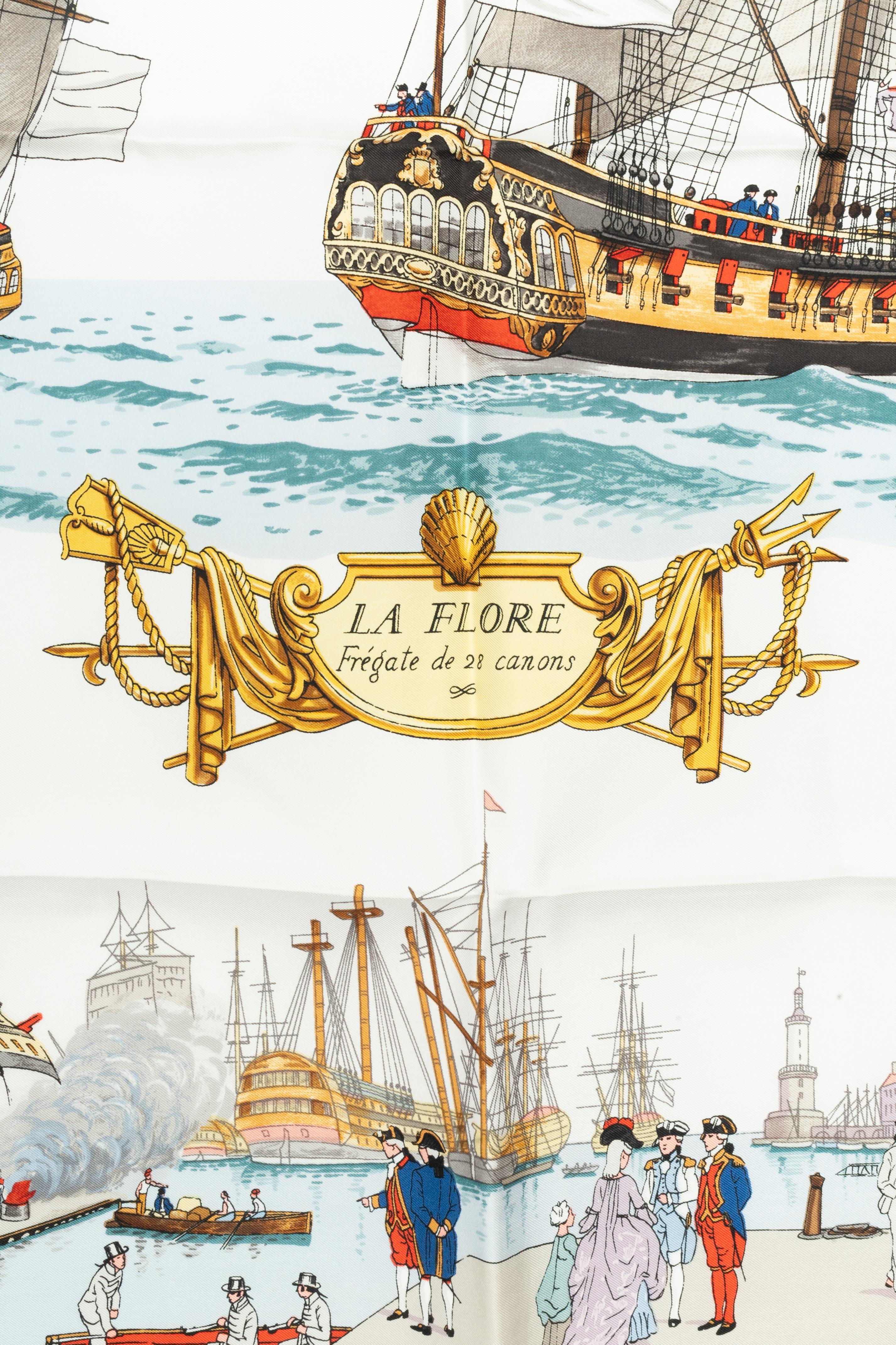 Hermès foulard / scarf 'La Flore Frégate de 28 canons' Beige en venta