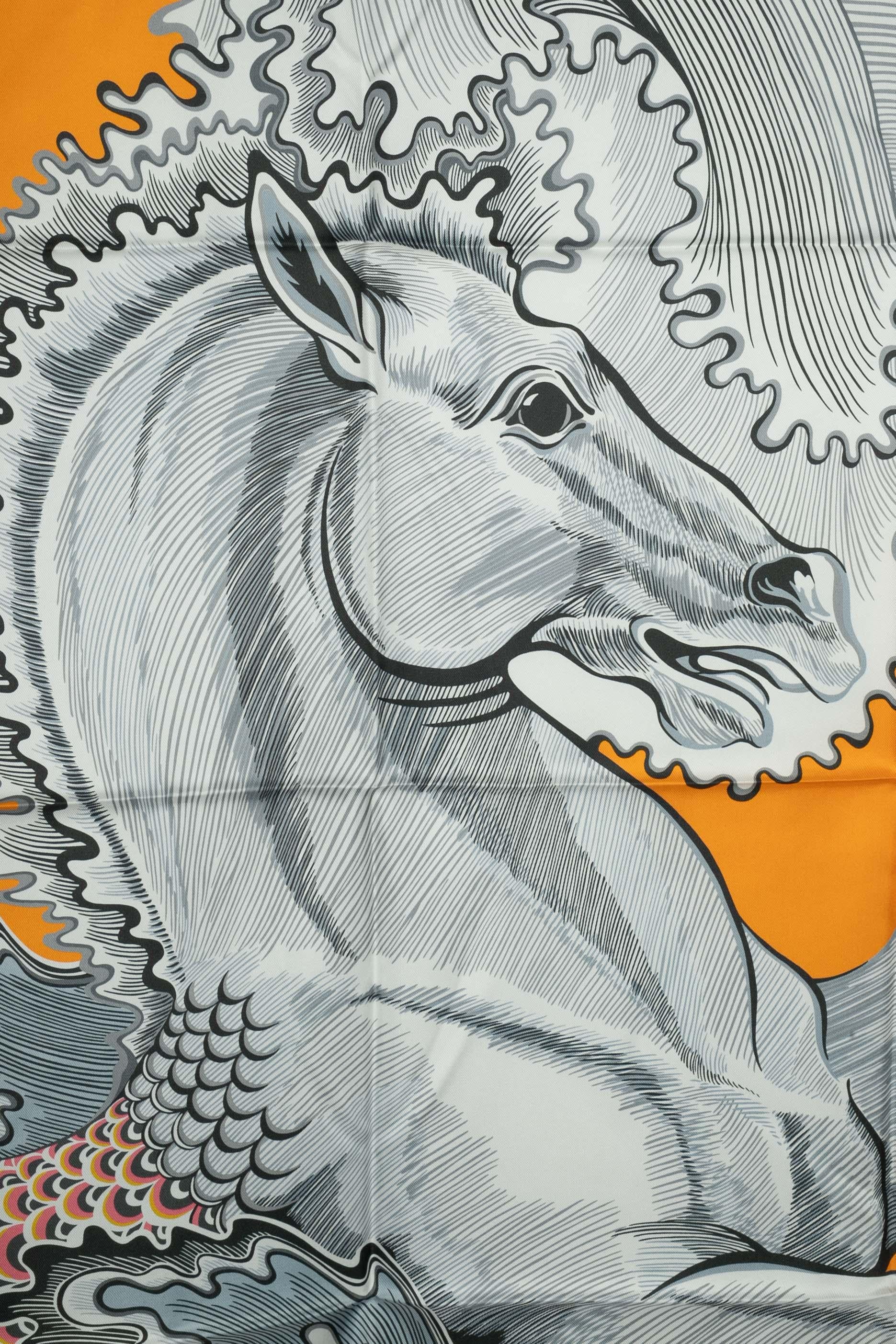 Gray Hermès foulard / scarf 'Mermaid horse'