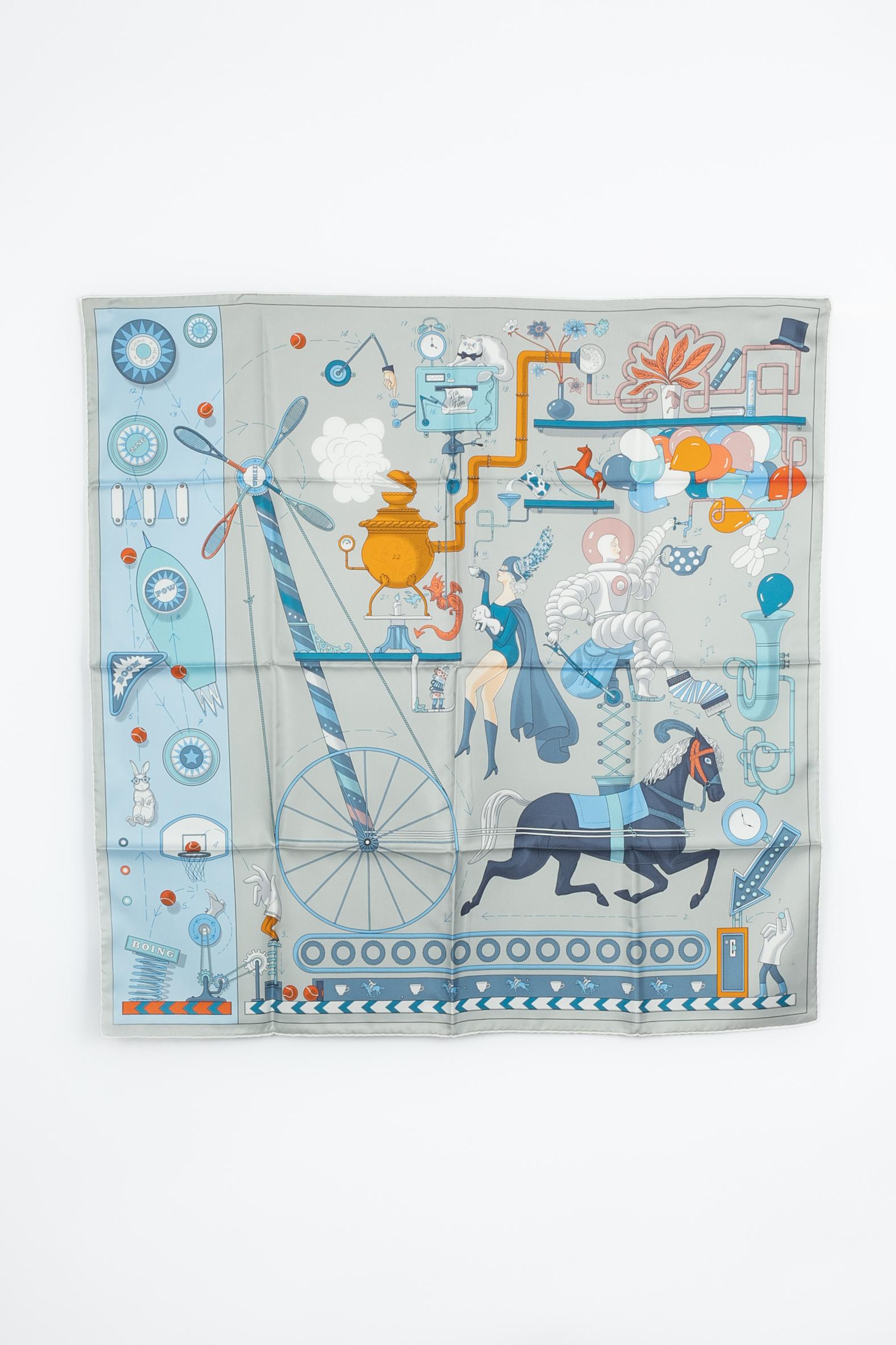 HERMÈS - (Made in France) Light-blue-tone silk twill foulard topstitched by hand with the 'Tea for two' theme designed by Jonathan Burton. Piece from sales. To be mentioned, some stains on the silk.

Condition:
Good condition

Dimensions:
about 89