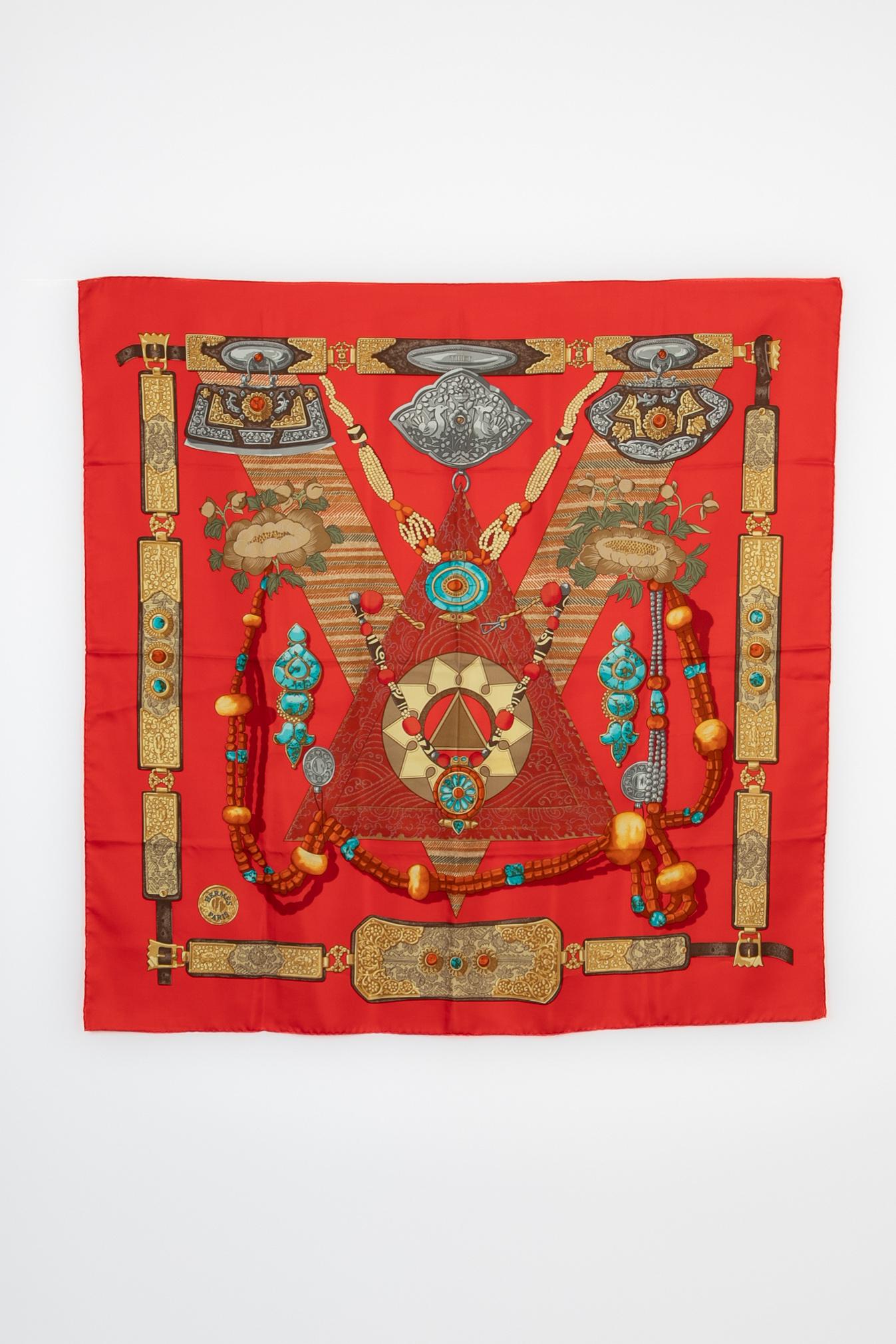 HERMÈS - (Made in France) Red silk twill foulard with the 