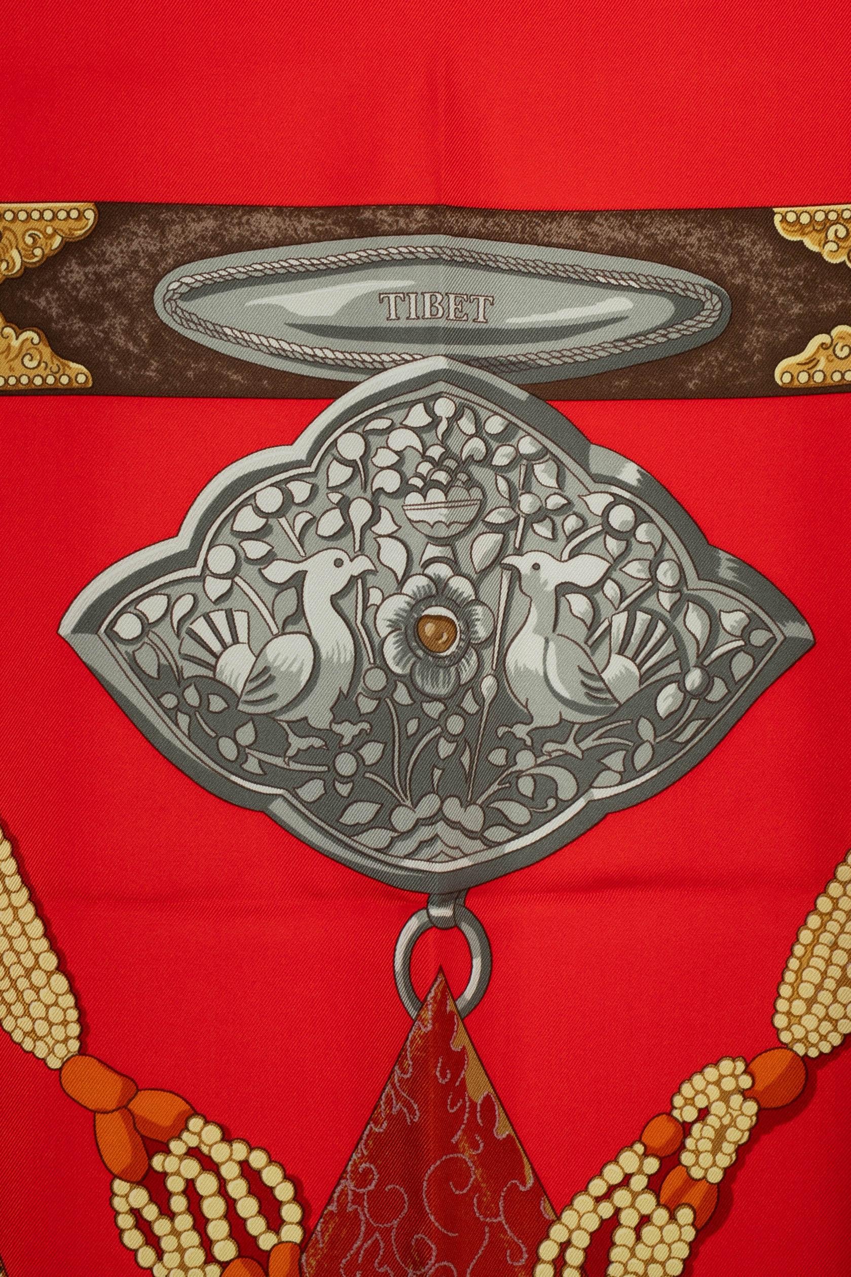 Red Hermès foulard / scarf 'Tibet' For Sale