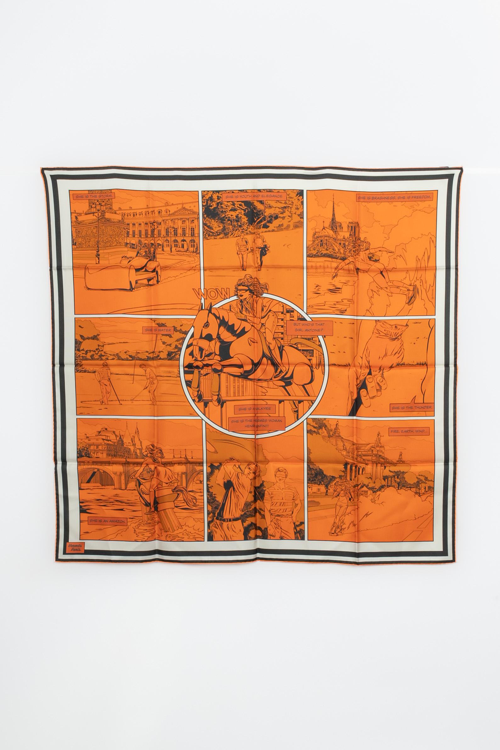 HERMÈS - (Made in France) Dual-sided orange-tone silk twill foulard with the 