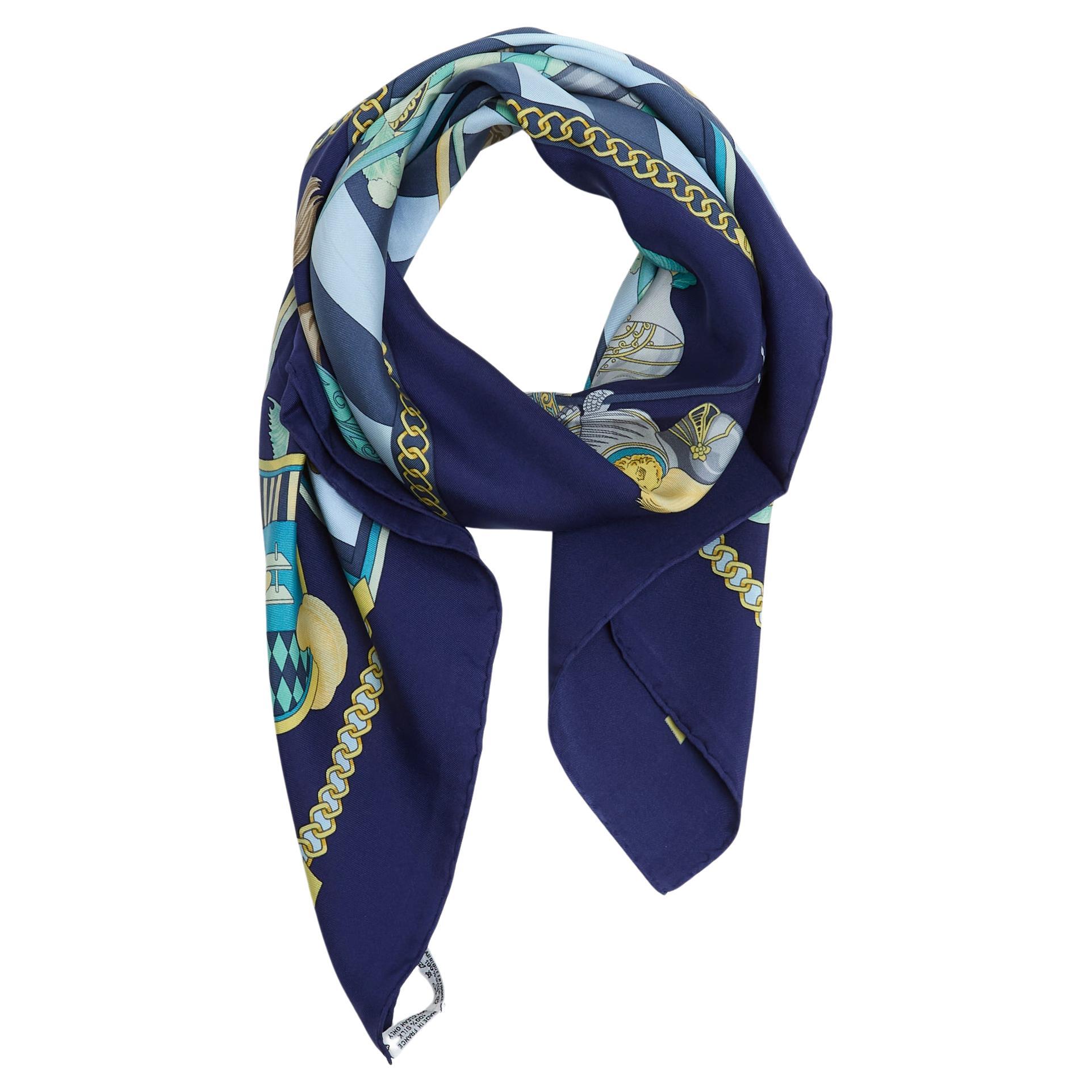 Hermès Foulard Soie Carré 90 Chocs en plume 1995s Navy Silk Scarf