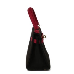 Hermès Framboise & Black Veau Doblis Suede Vintage Kelly 20cm Sellier