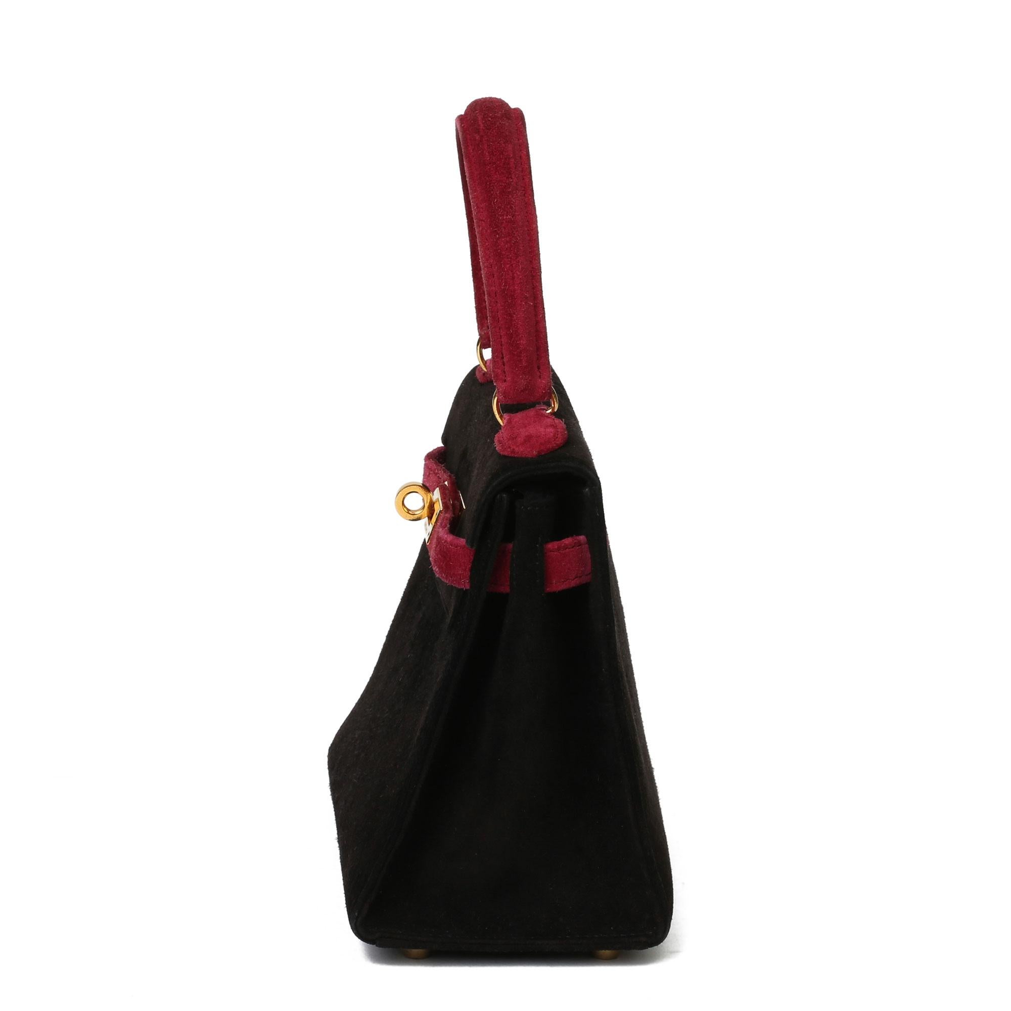 Hermès Framboise & Black Veau Doblis Suede Vintage Kelly 20cm Sellier Negro en venta