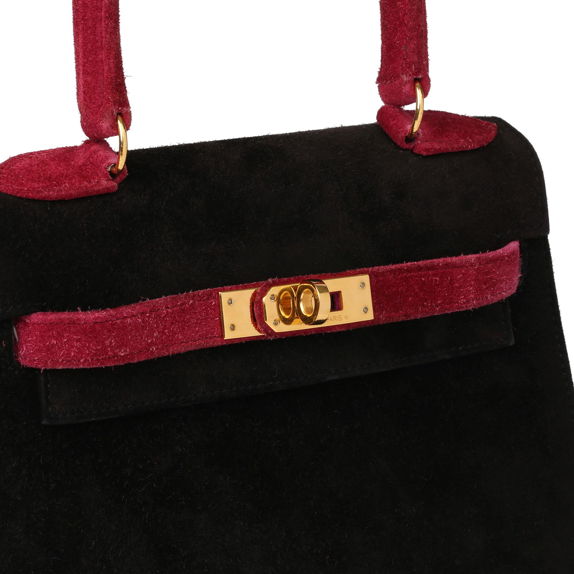 Hermès Framboise & Black Veau Doblis Suede Vintage Kelly 20cm Sellier en venta 1