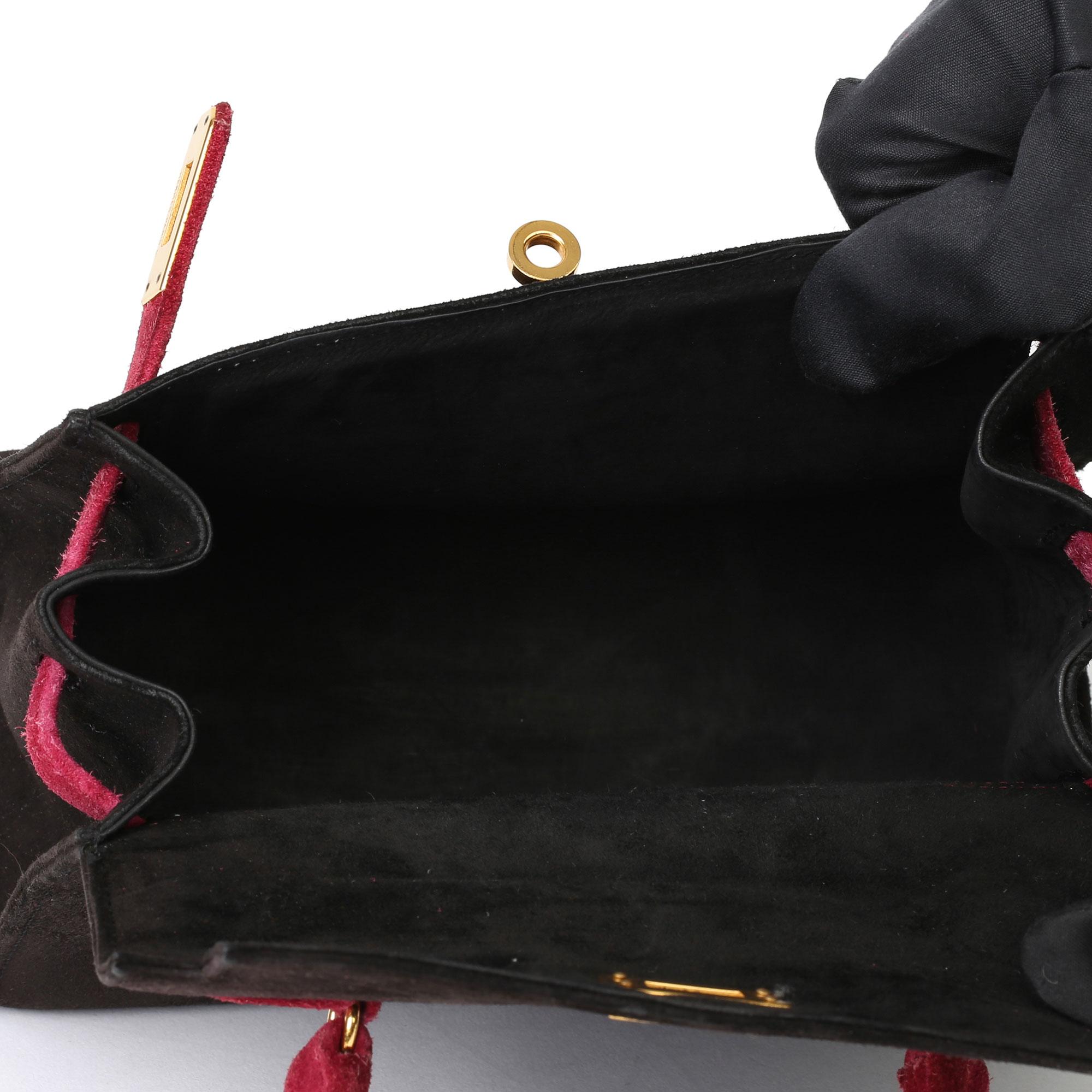 Hermès Framboise & Black Veau Doblis Suede Vintage Kelly 20cm Sellier en venta 4
