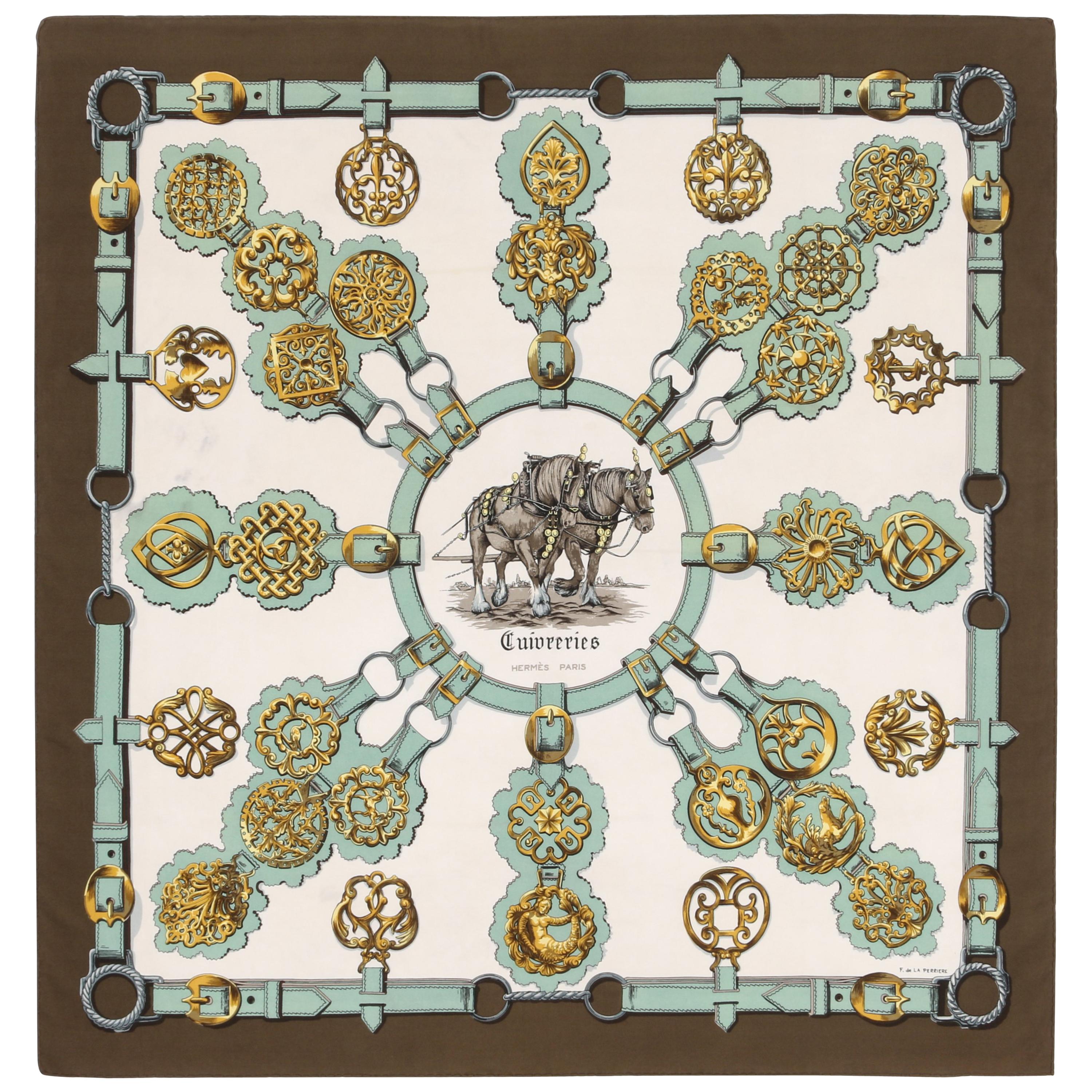 HERMES Francoise De La Perriere "Cuivreries" Olive Brown Equestrian Silk Scarf
