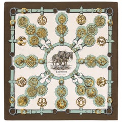 HERMES Francoise De La Perriere "Cuivreries" Olive Brown Equestrian Silk Scarf