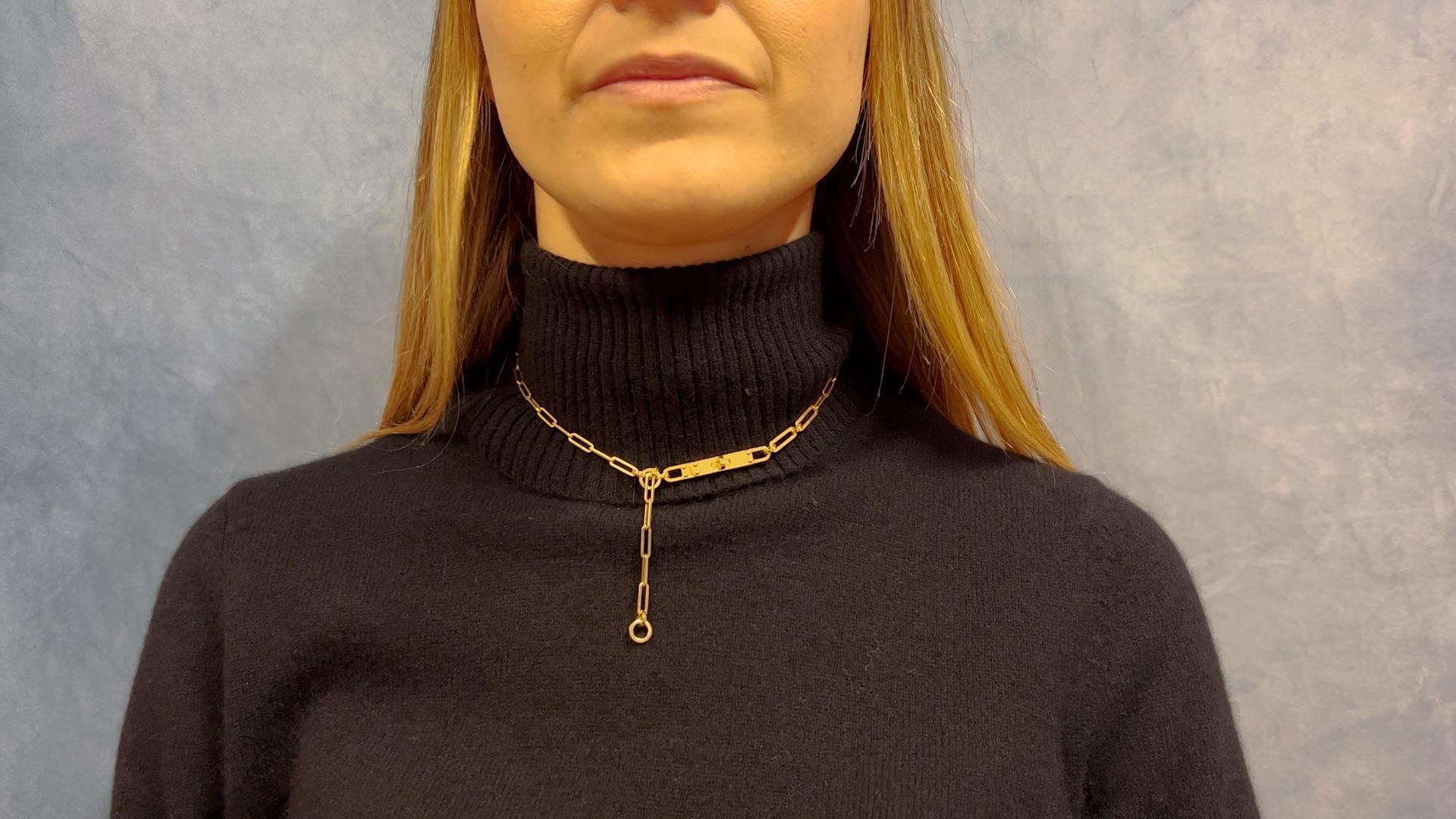 One Hermes French 18k Yellow Gold Kelly Chaine Lariat Necklace. Crafted in 18 karat yellow gold signed Hermes, serial #22AE156074 with French hallmarks, weighing 22.20 grams. Original box included. Circa 2020. The necklace is 16 ½ inches in length