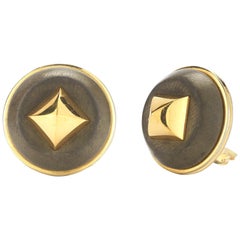 Hermes French Circular Silver Gilt and Khaki Leather Earrings, circa 1970s