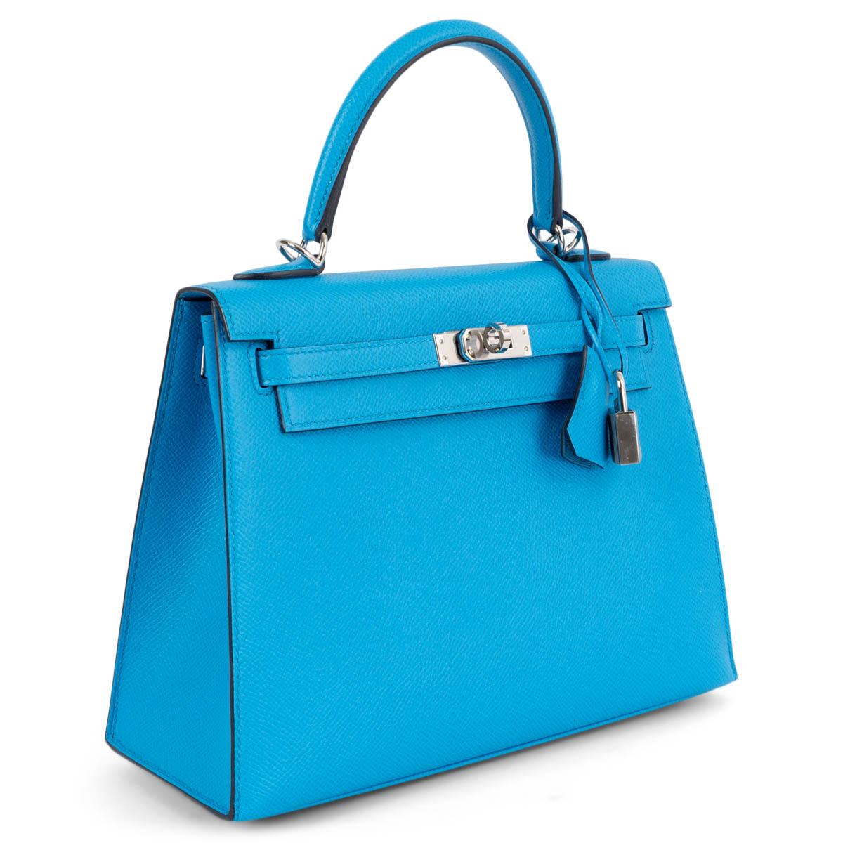 100% authentic Hermès Kelly 25 Sellier bag in Bleu Frida Veau Epsom leather with palladium-plated hardware. Lined in Chevre (goat skin) with an open pocket against the front and a zipper pocket against the back. Has been carried once and is in
