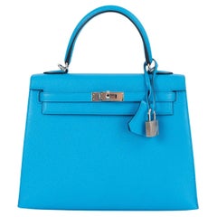 HERMES Frida blue Epsom leather KELLY 25 SELLIER Bag w Palladium