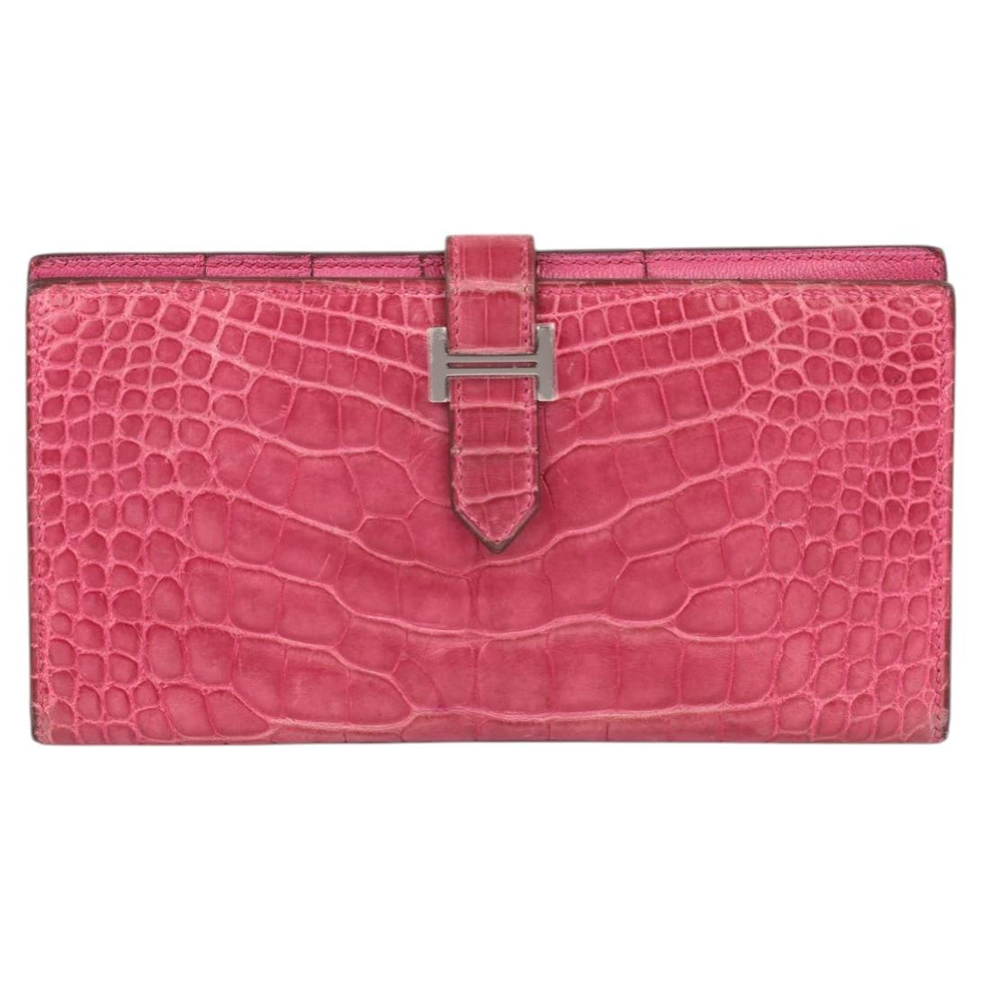 Cartera Billetera Hermès Bearn de piel de caimán fucsia