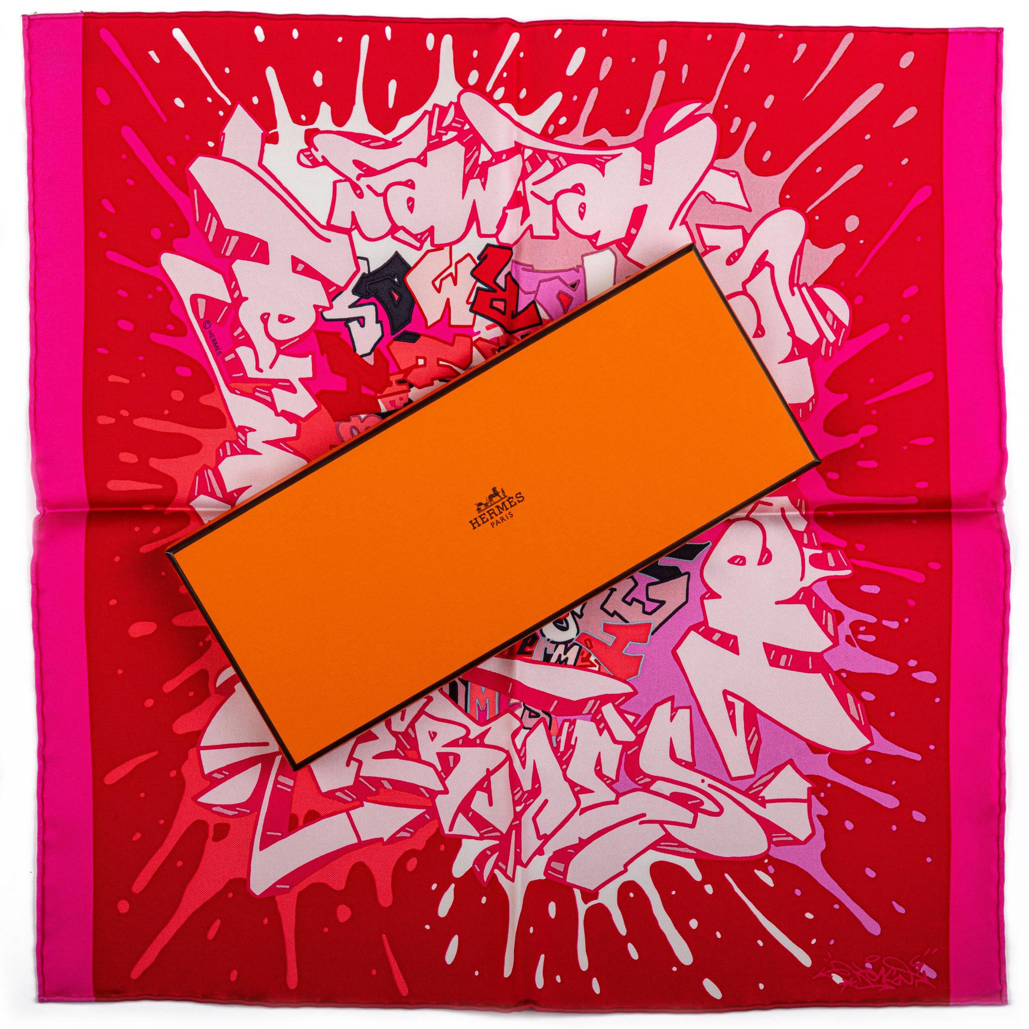 This multi-pink silk scarf was created by graffiti artist and Co-founder of the International Graffiti Festival Kongo. Brand new in box.
