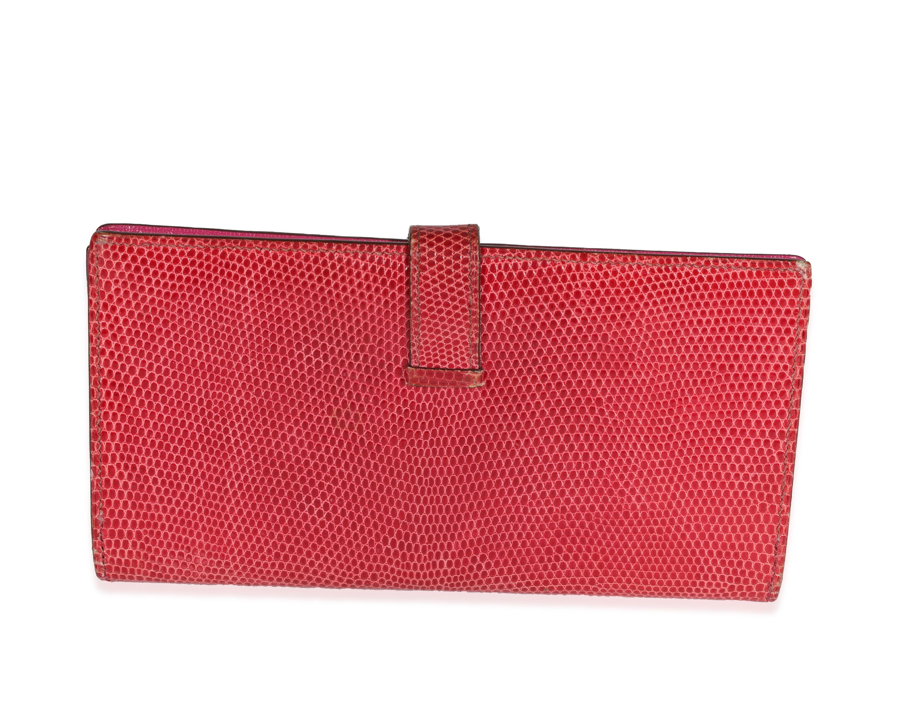 Rosso Hermès Portafoglio classico Bearn in lucertola fucsia PHW in vendita