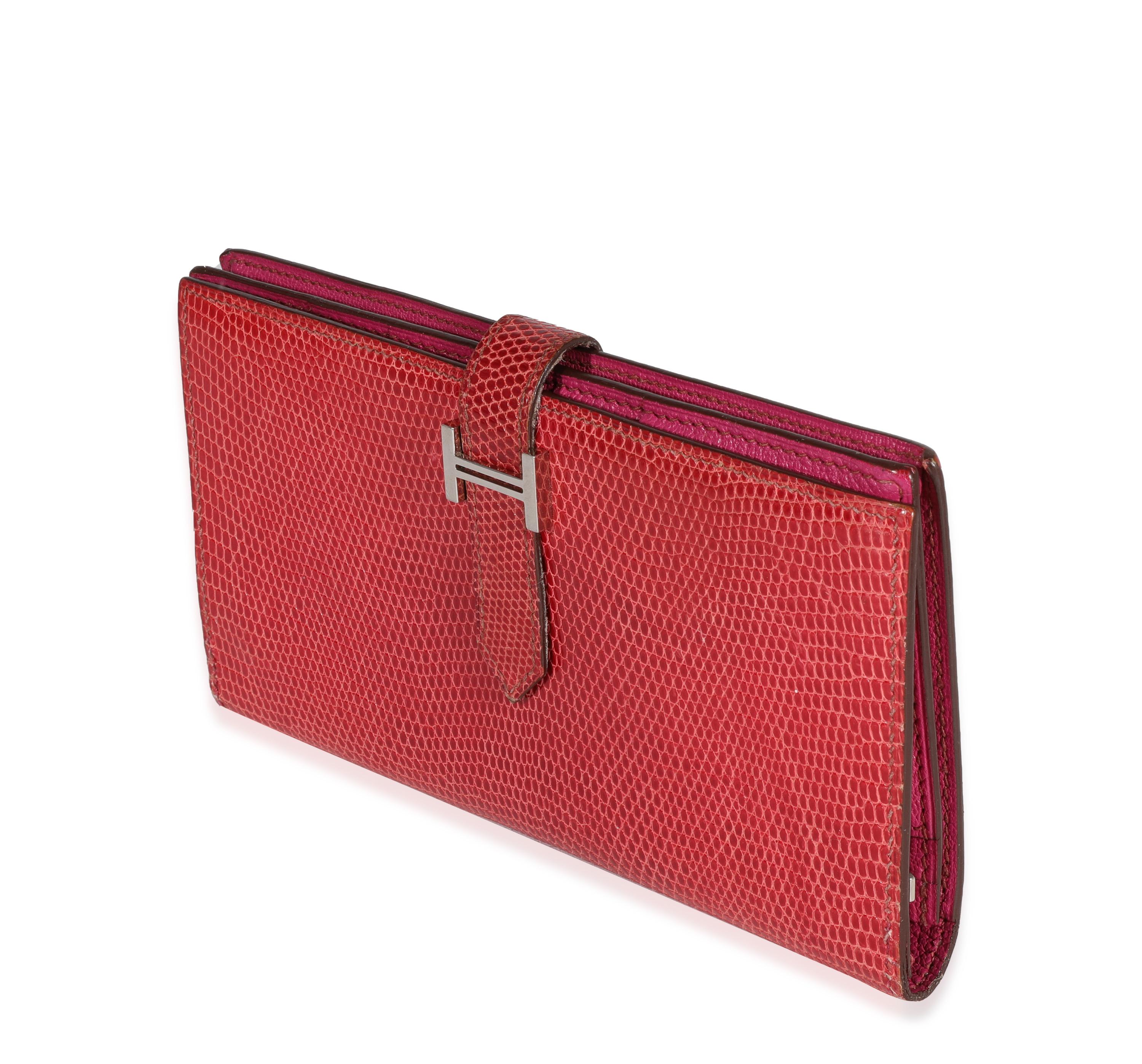 Hermès Portafoglio classico Bearn in lucertola fucsia PHW In condizioni discrete in vendita a New York, NY