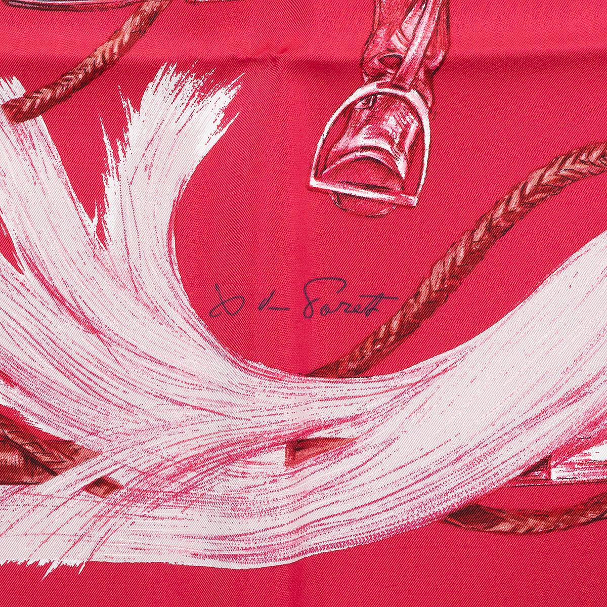 HERMES fuchsia pink silk A PROPOS DE BOTTES 90 Twill Scarf  In New Condition For Sale In Zürich, CH