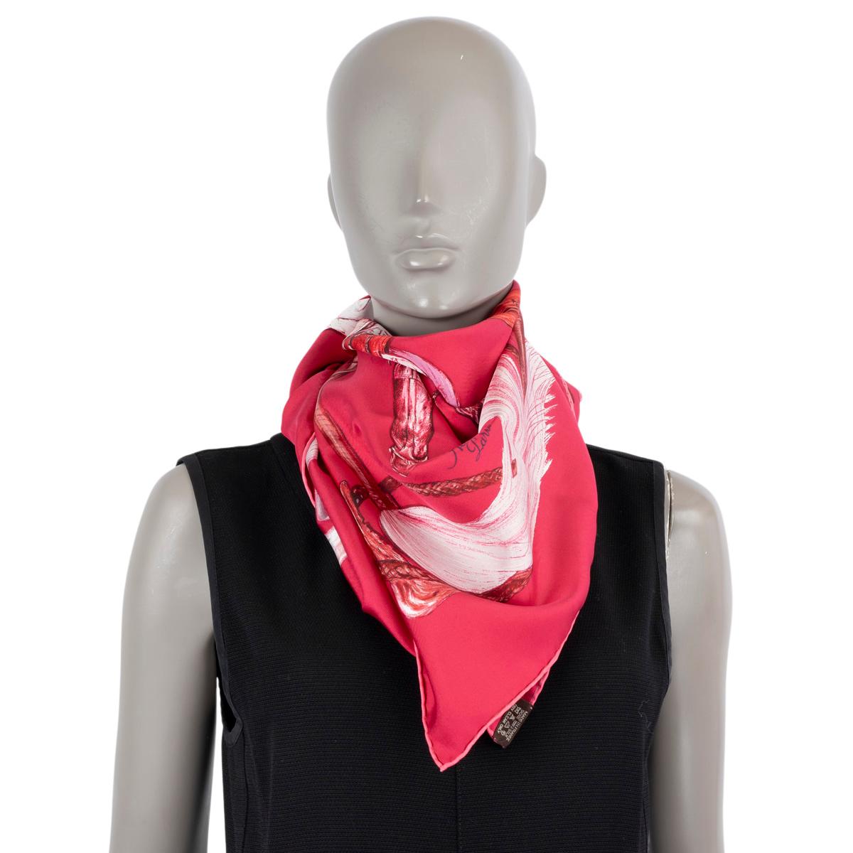 HERMES fuchsia pink silk A PROPOS DE BOTTES 90 Twill Scarf  For Sale 1