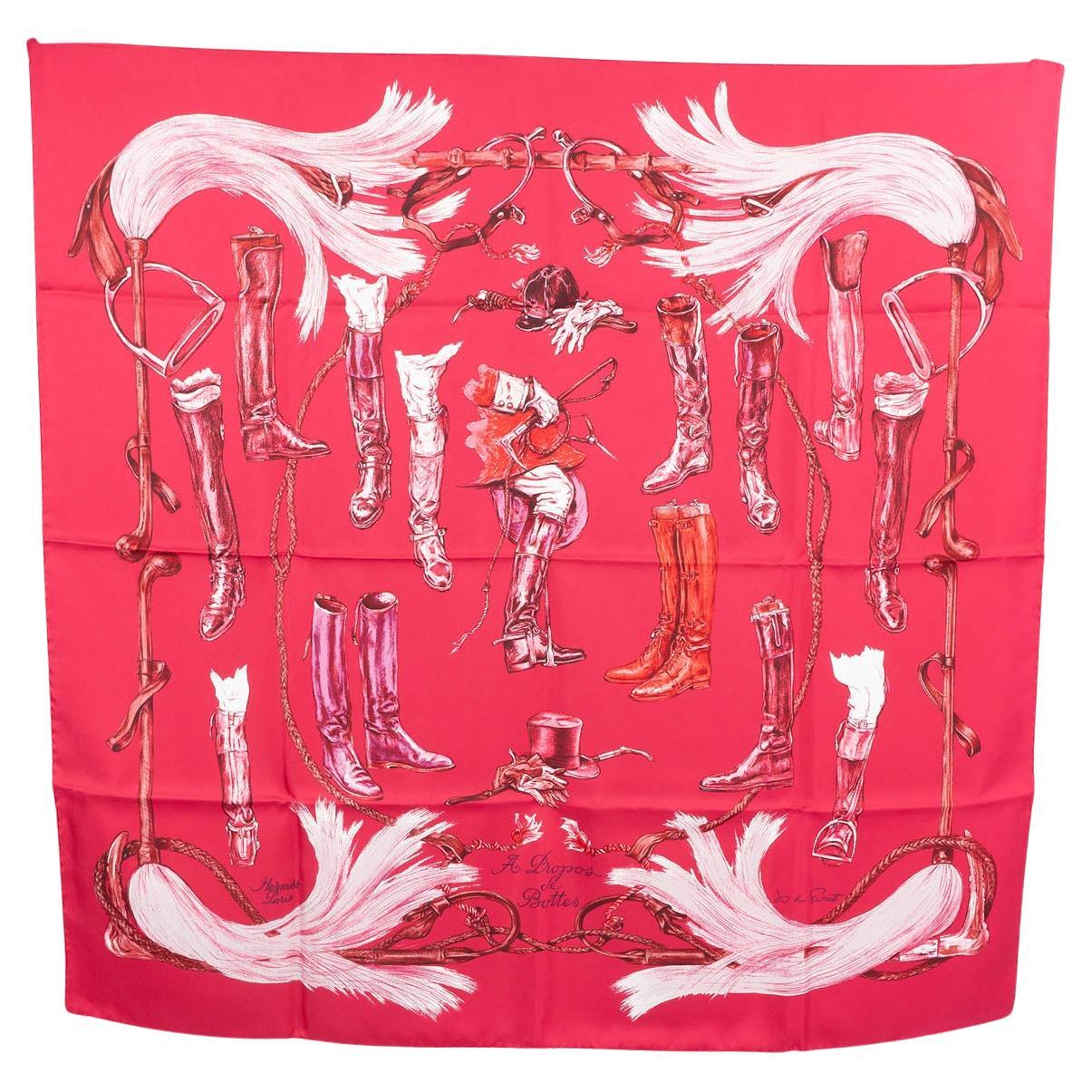 HERMES fuchsia pink silk A PROPOS DE BOTTES 90 Twill Scarf  For Sale