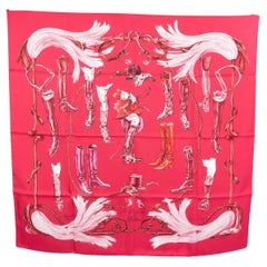 HERMES fuchsia pink silk A PROPOS DE BOTTES 90 Twill Scarf 