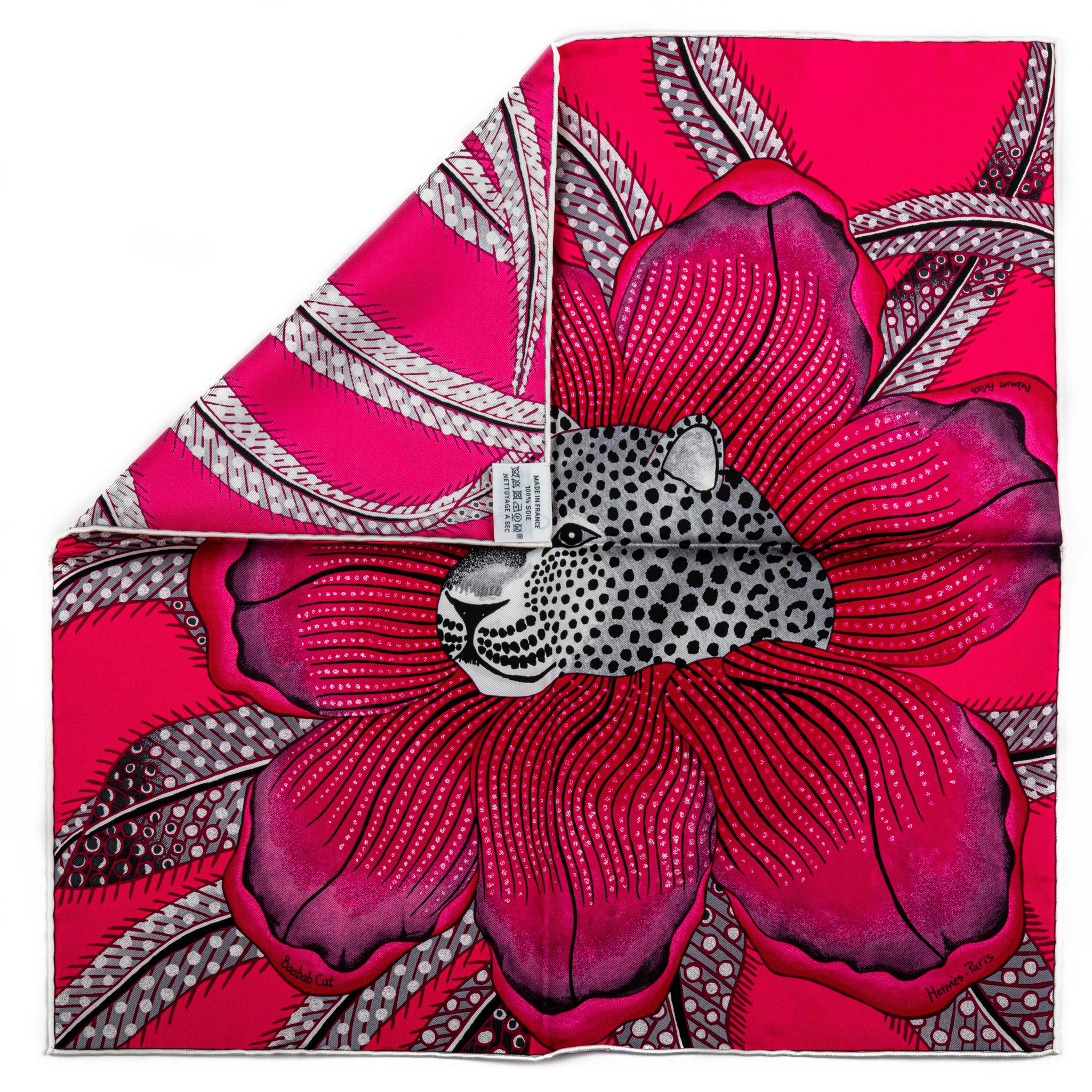 Hermès fuchsia silk Jaguar scarf with hand-rolled edges. New in box with ribbon