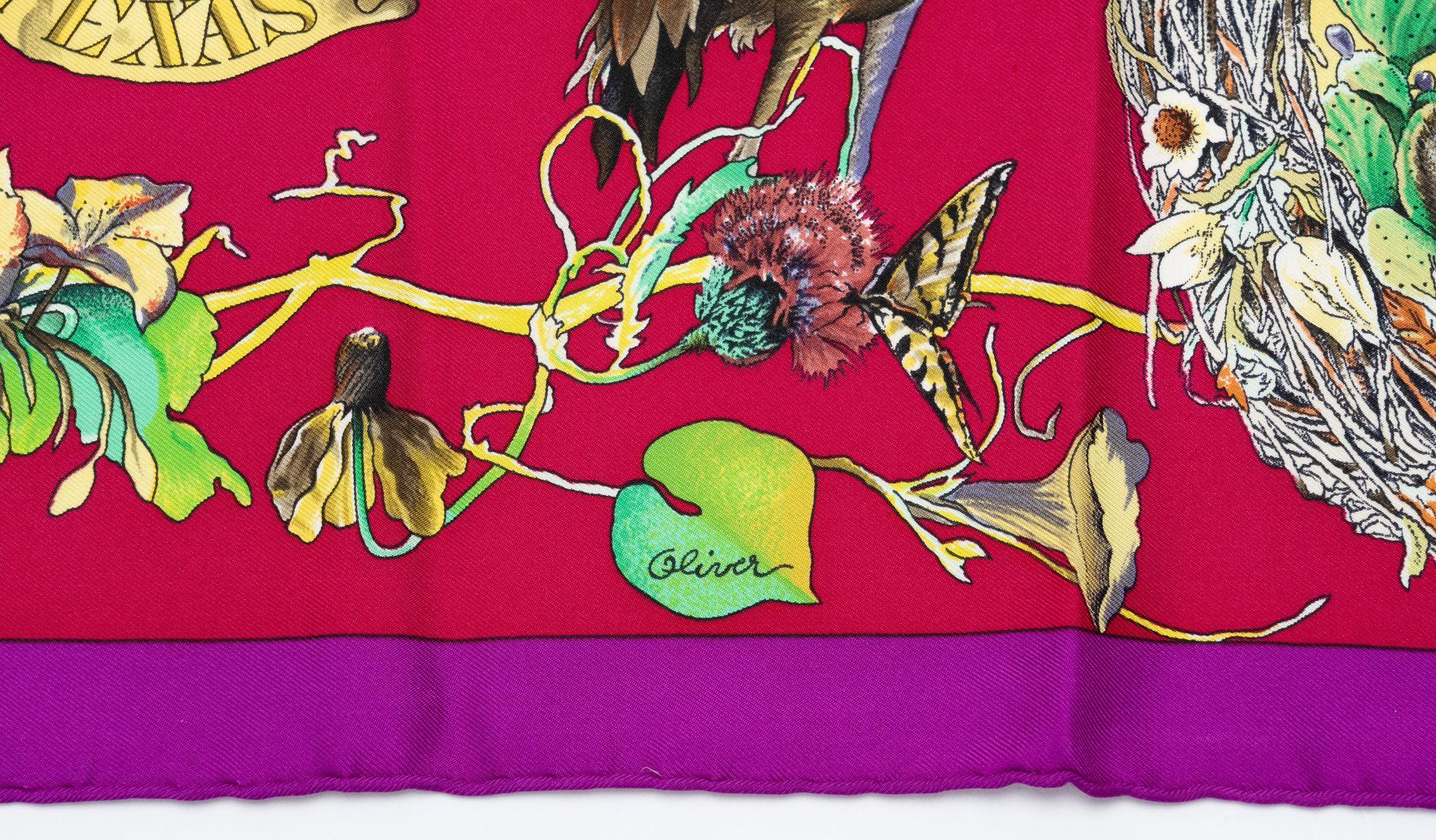 Hermès Fuchsia Texas Wildlife Silk Scarf In Excellent Condition For Sale In West Hollywood, CA